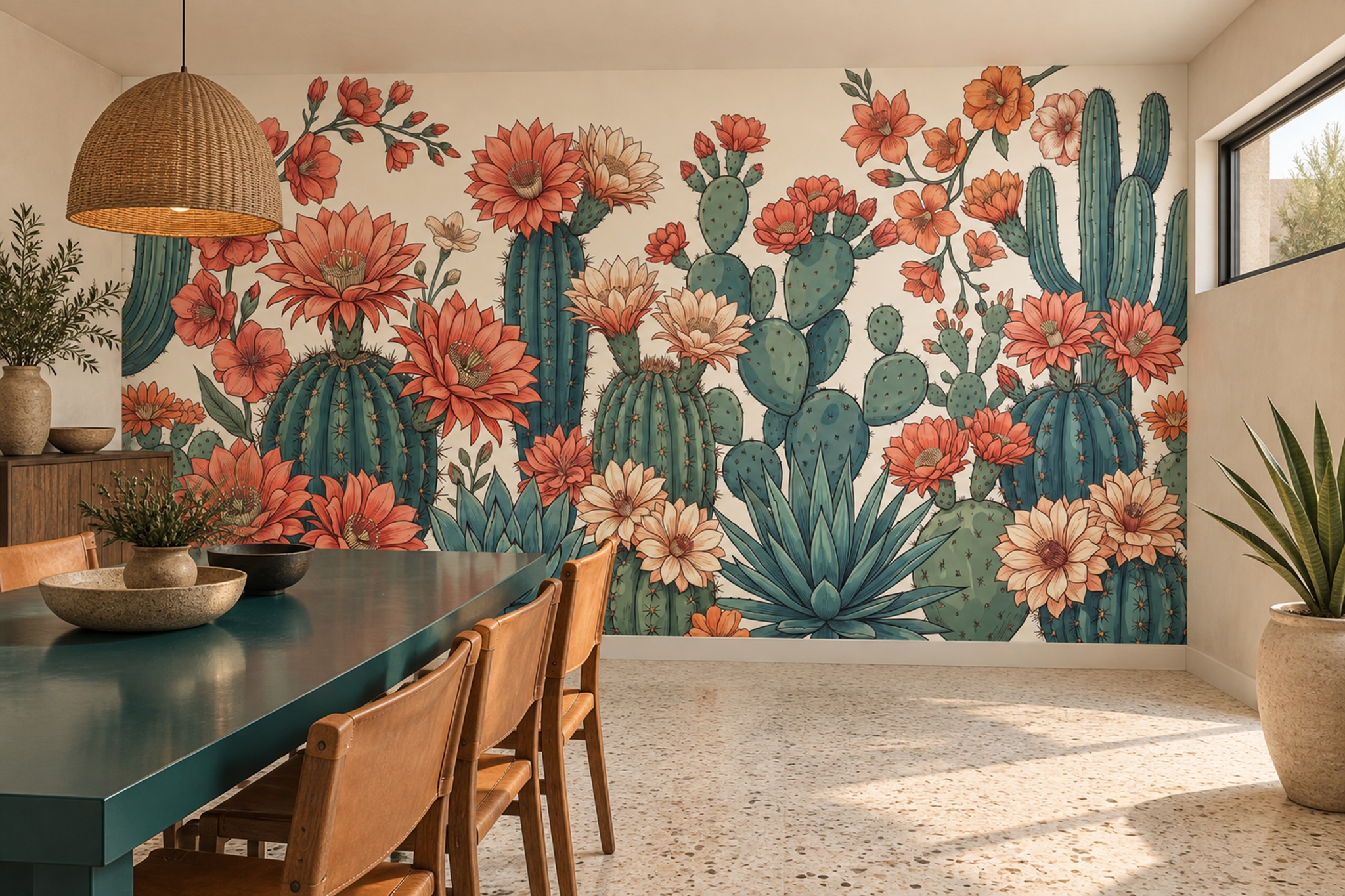 Coral Cactus Artful Wallpaper Mural Dining-room-wallpaper-murals, Shown In A Dining Room, Peel-and-stick Finish