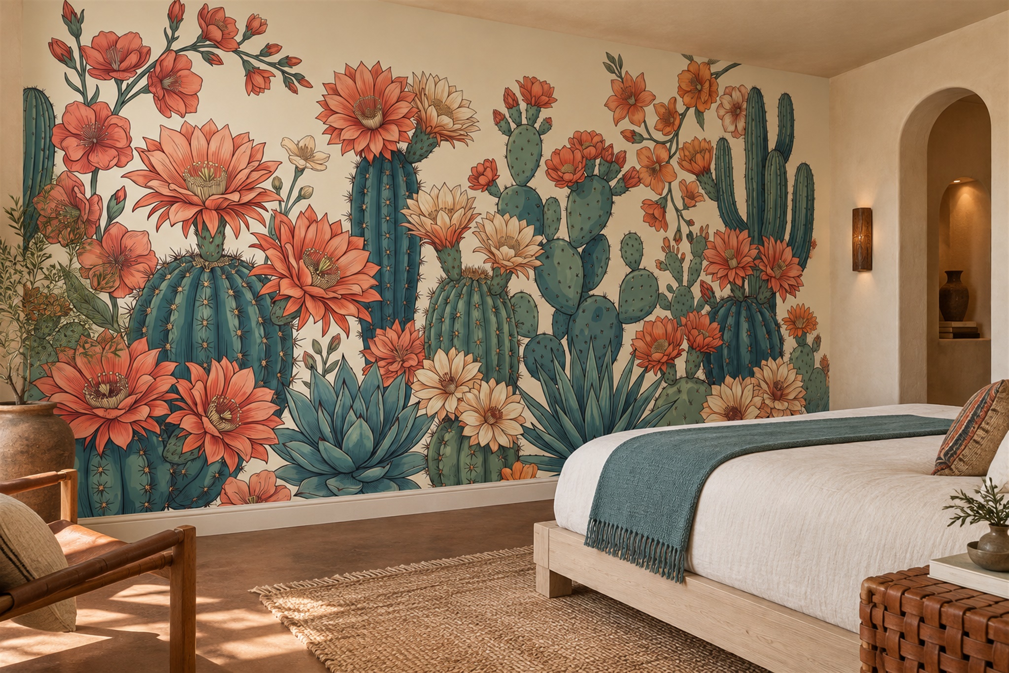 Coral Cactus Artful Wallpaper Mural Accent-wall-wallpaper-murals, Peel-and-stick Finish
