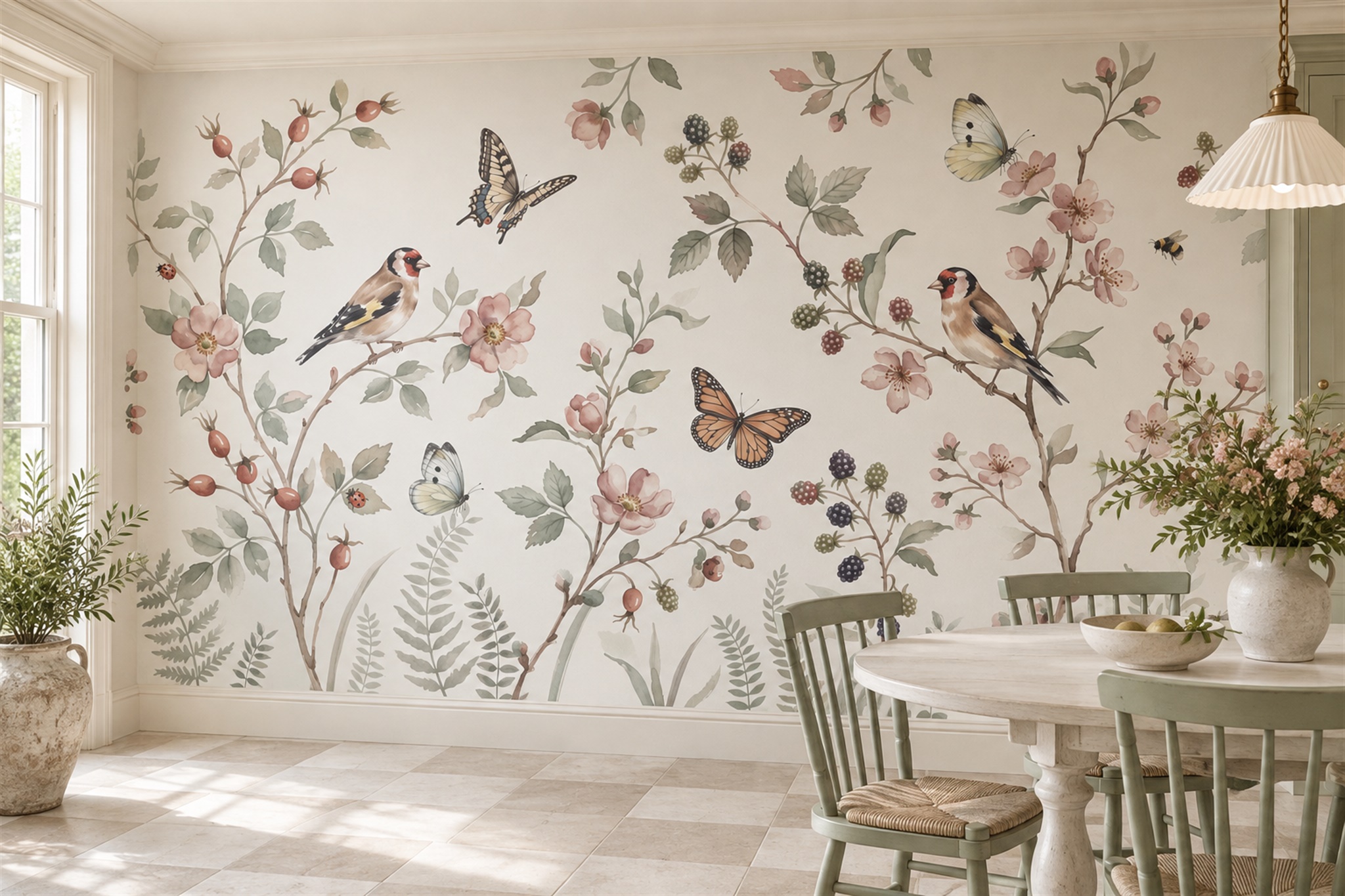 Pink Botanical Botanical Painterly Wallpaper Mural Dining-room-wallpaper-murals, Shown In A Dining Room, Peel-and-stick Finish