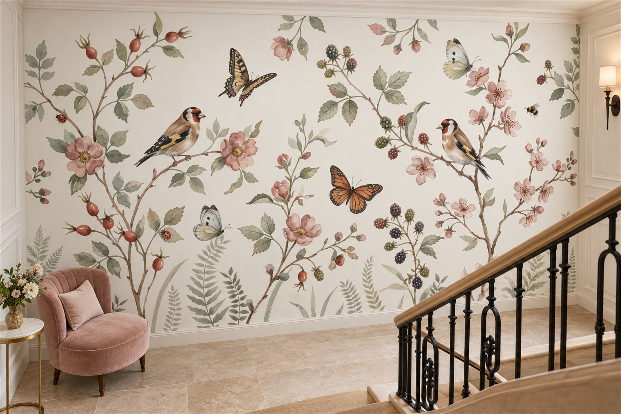 Pink Botanical Botanical Painterly Wallpaper Mural Accent-wall-wallpaper-murals, Peel-and-stick Finish