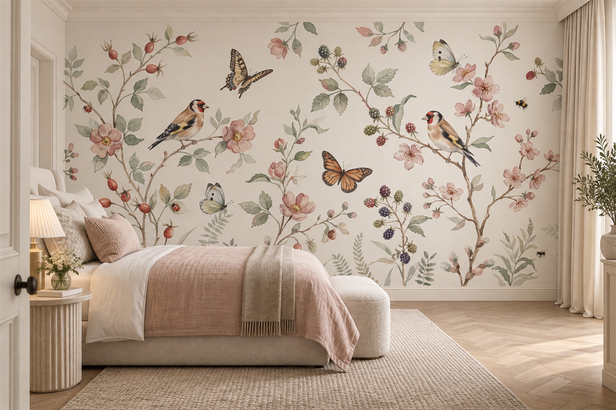 Songbirds, Blossoms And Butterflies Wallpaper Mural — Installed Wallpaper Mural In A Bedroom, Peel-and-stick Finish