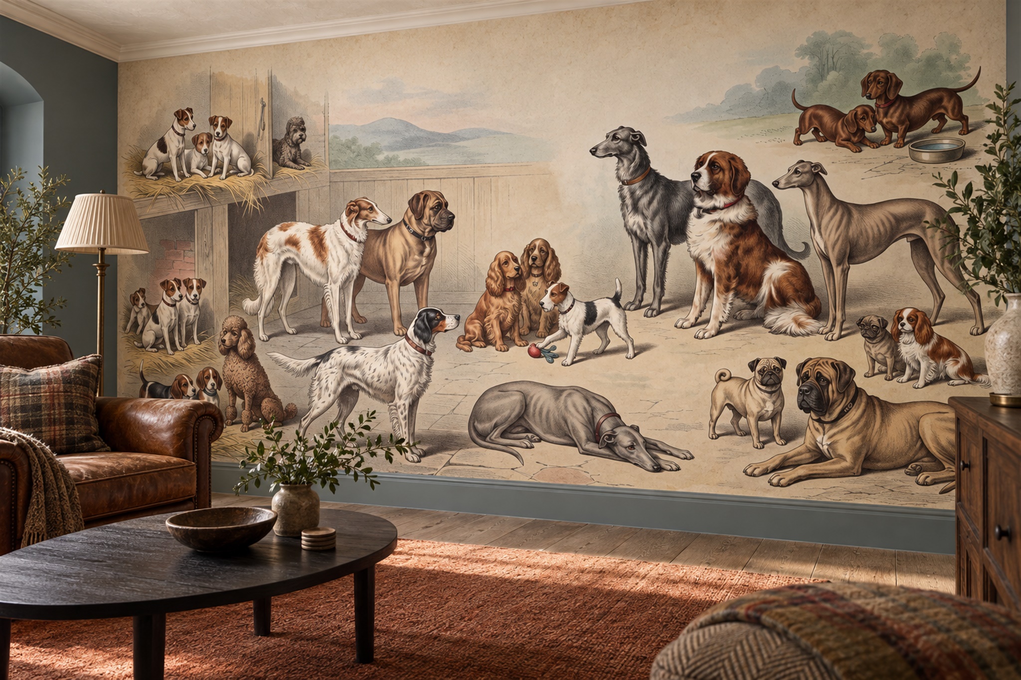 Vintage Dog Kennel And Breed Illustration Wallpaper Mural — Wallpaper Mural Design, Peel-and-stick Finish