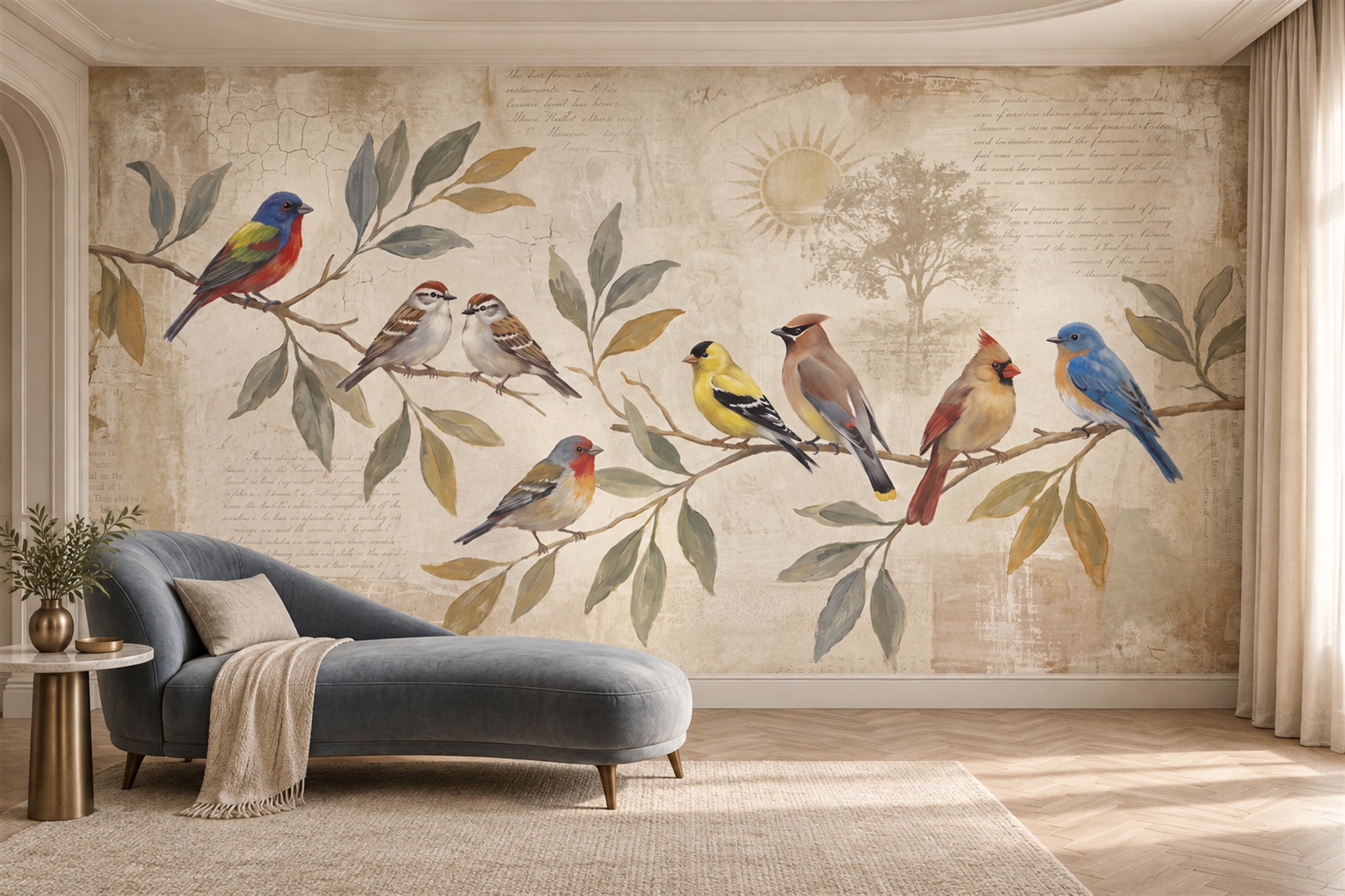 Beige Bird Illustrated Wallpaper Mural Home-office-wallpaper-murals, Peel-and-stick Finish