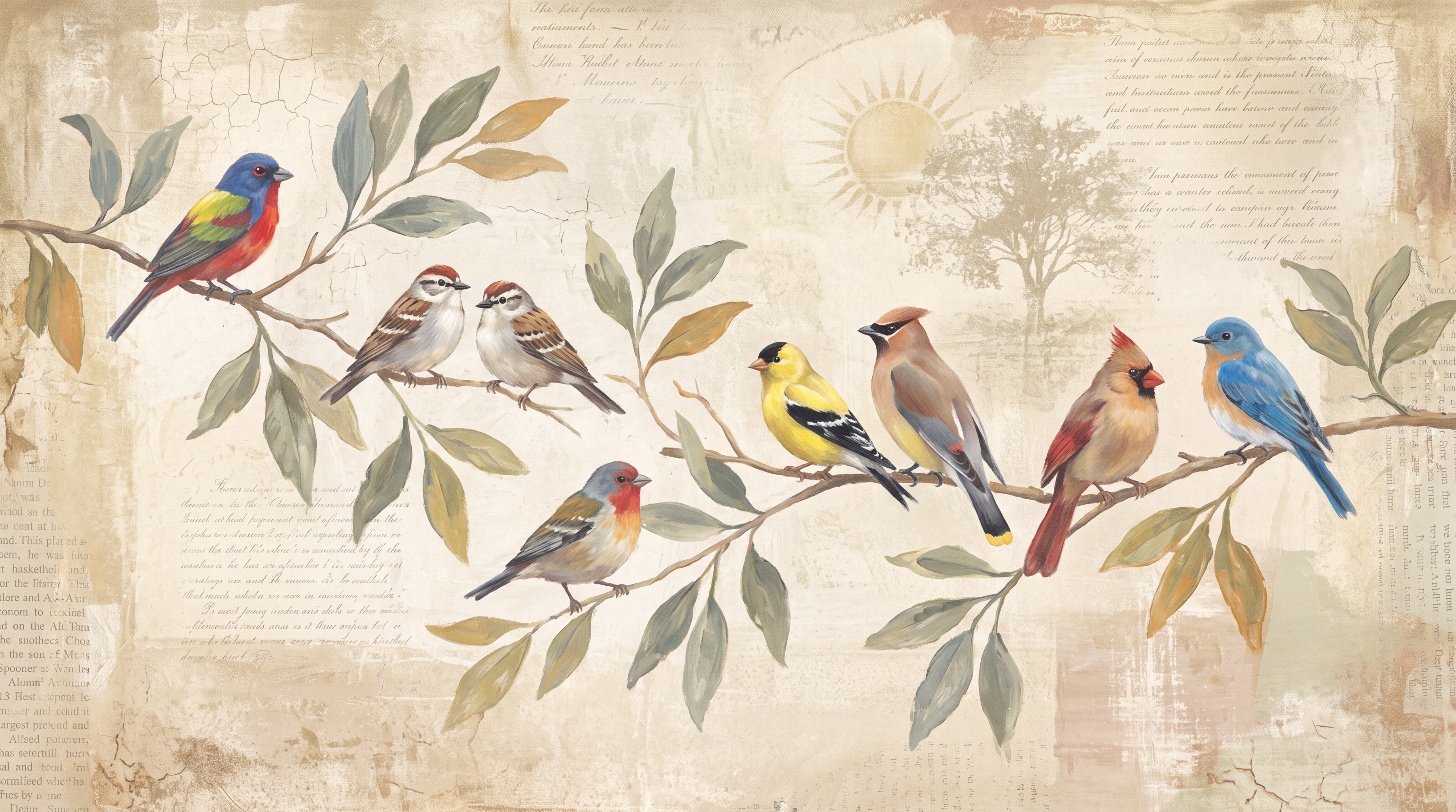 Beige Bird Illustrated Wallpaper Mural, Peel-and-stick Finish
