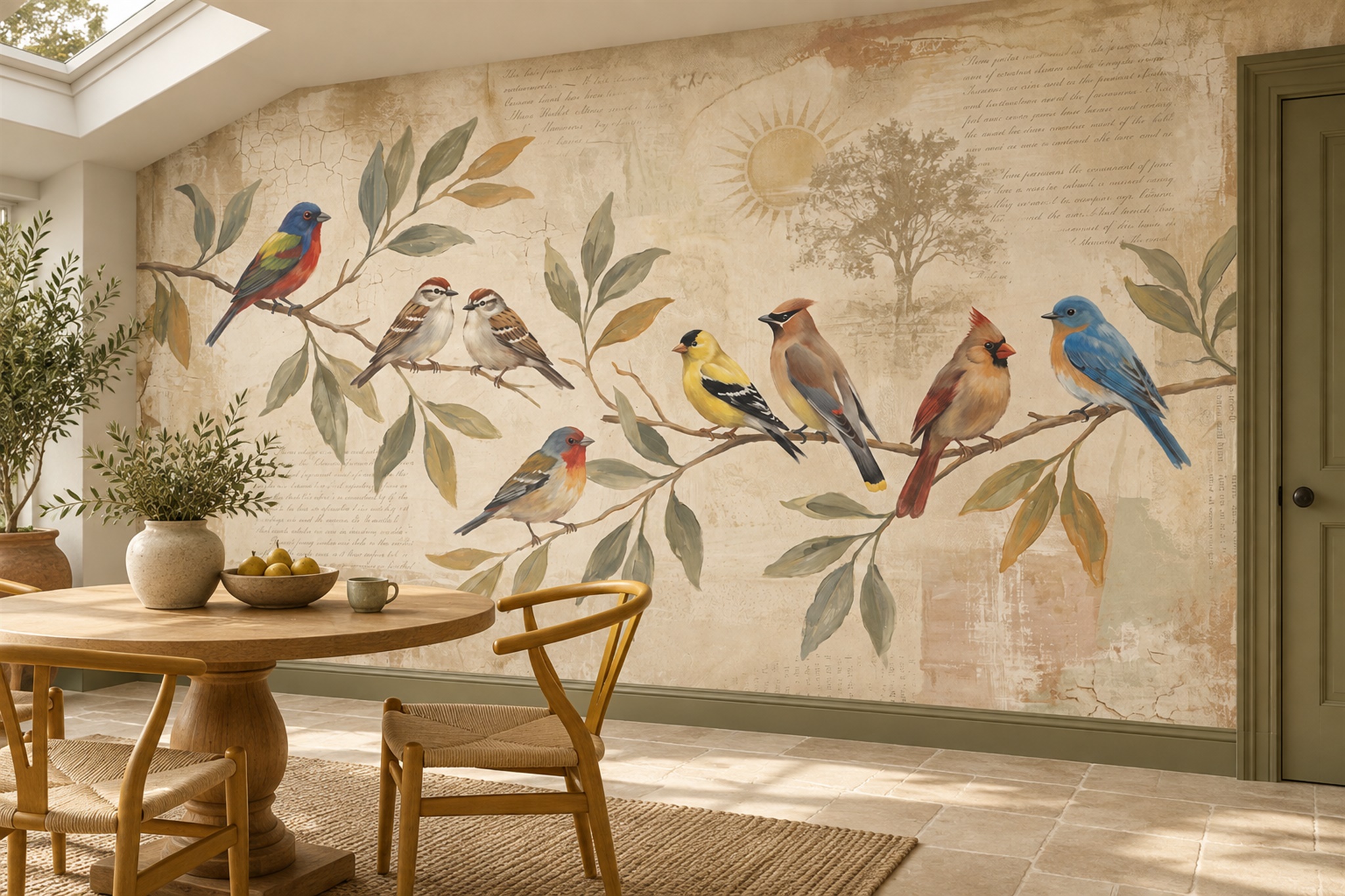 Vintage Birds On Branches Sepia Wallpaper Mural — Wallpaper Mural Design, Peel-and-stick Finish