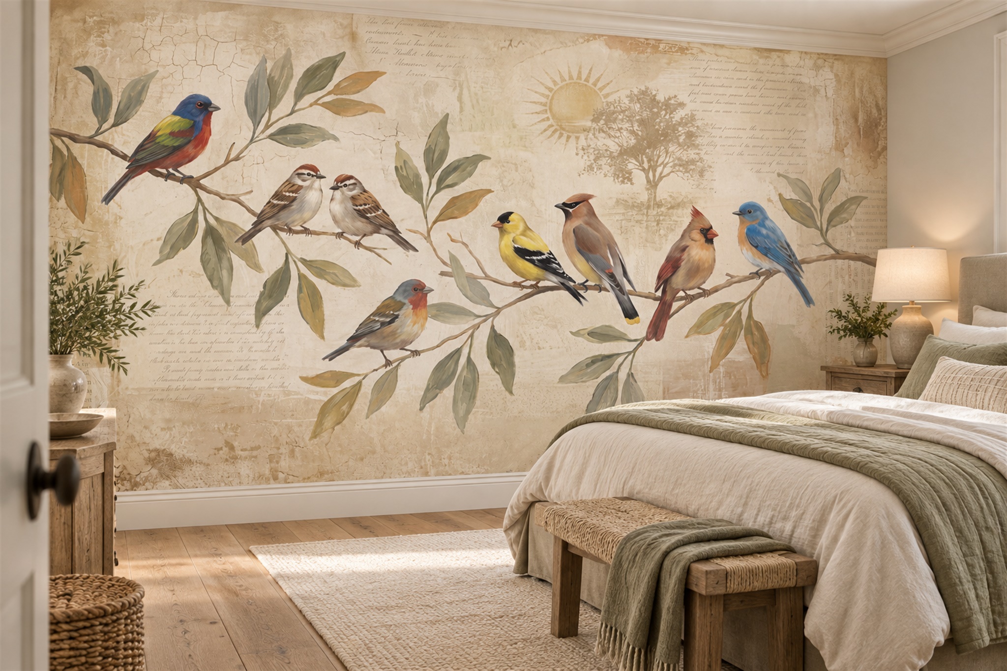 Beige Bird Illustrated Wallpaper Mural Dining-room-wallpaper-murals, Peel-and-stick Finish