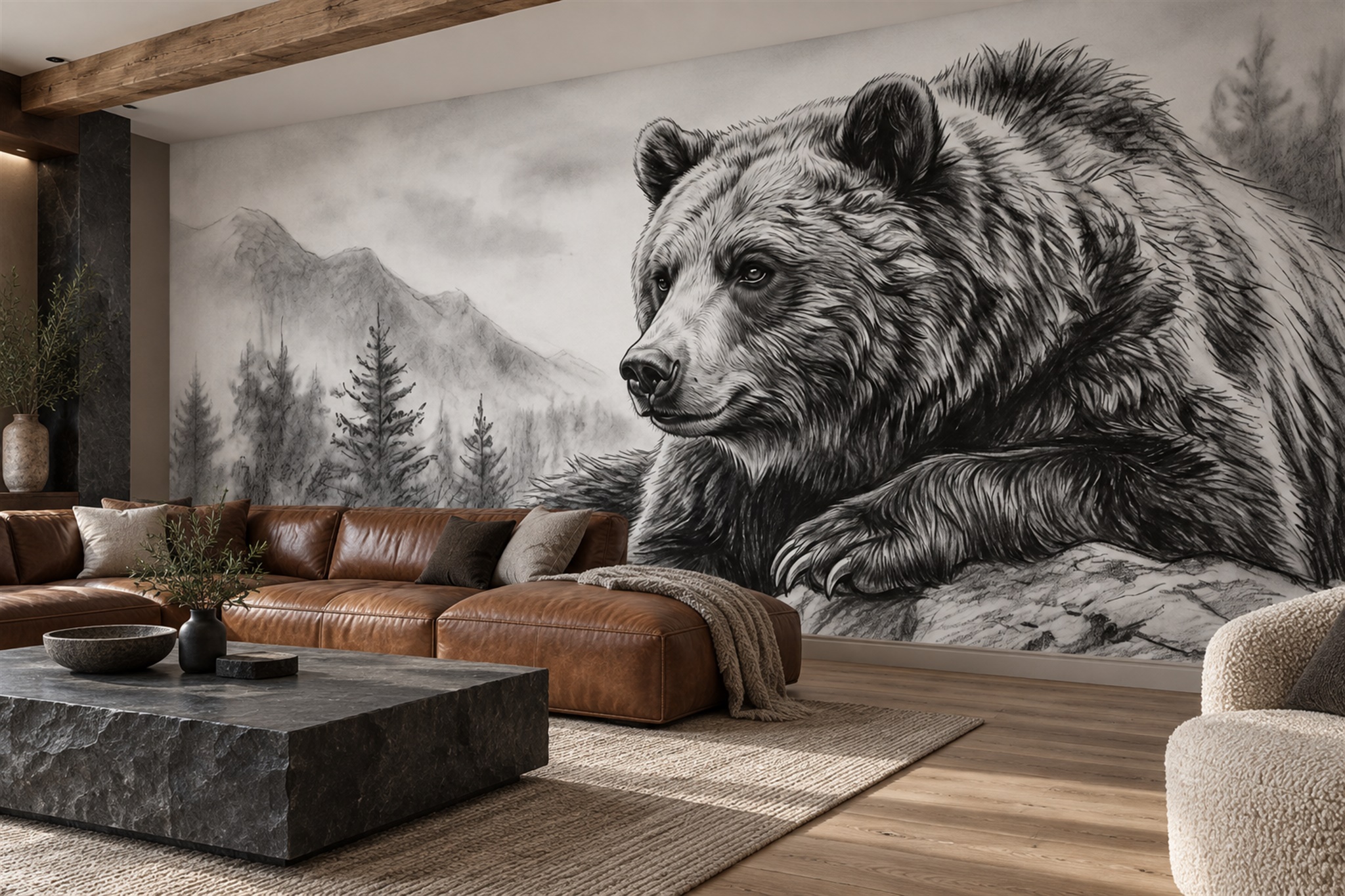 Grey Bear Wallpaper Mural, Peel-and-stick Finish