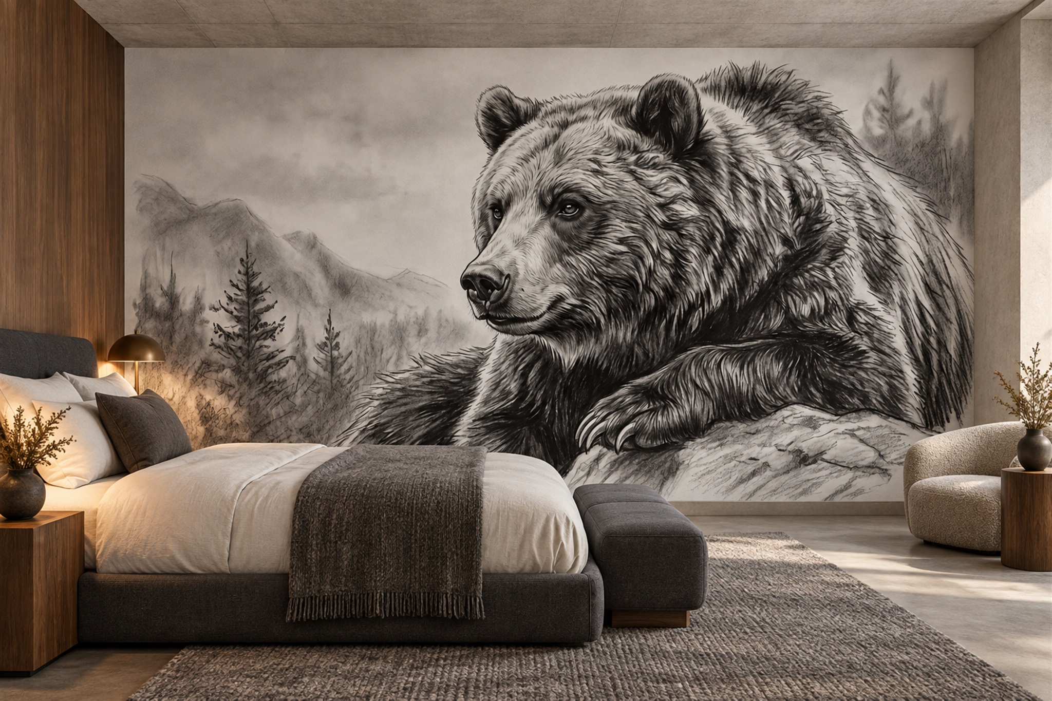 Grey Bear Wallpaper Mural, Shown In A Bedroom, Peel-and-stick Finish