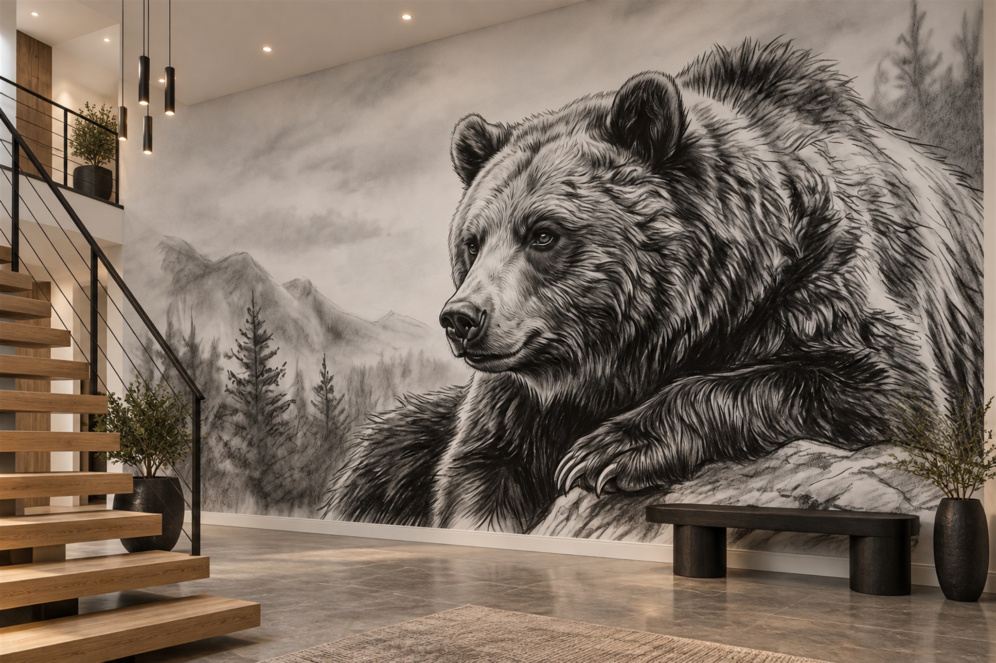 Grey Bear Wallpaper Mural, Shown In A Bedroom, Peel-and-stick Finish