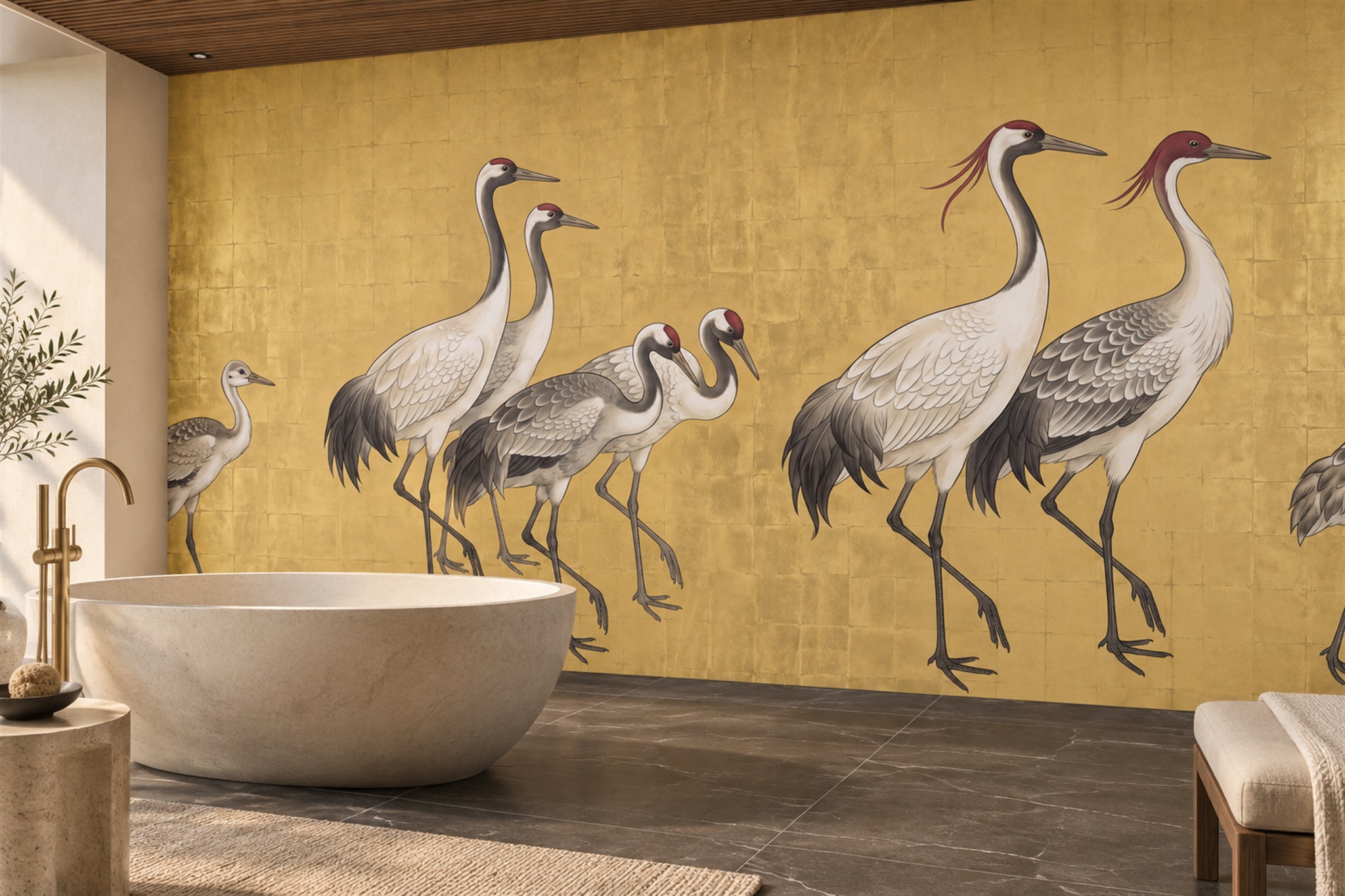 Gold Crane Illustrated Wallpaper Mural Bathroom-wallpaper-murals, Peel-and-stick Finish