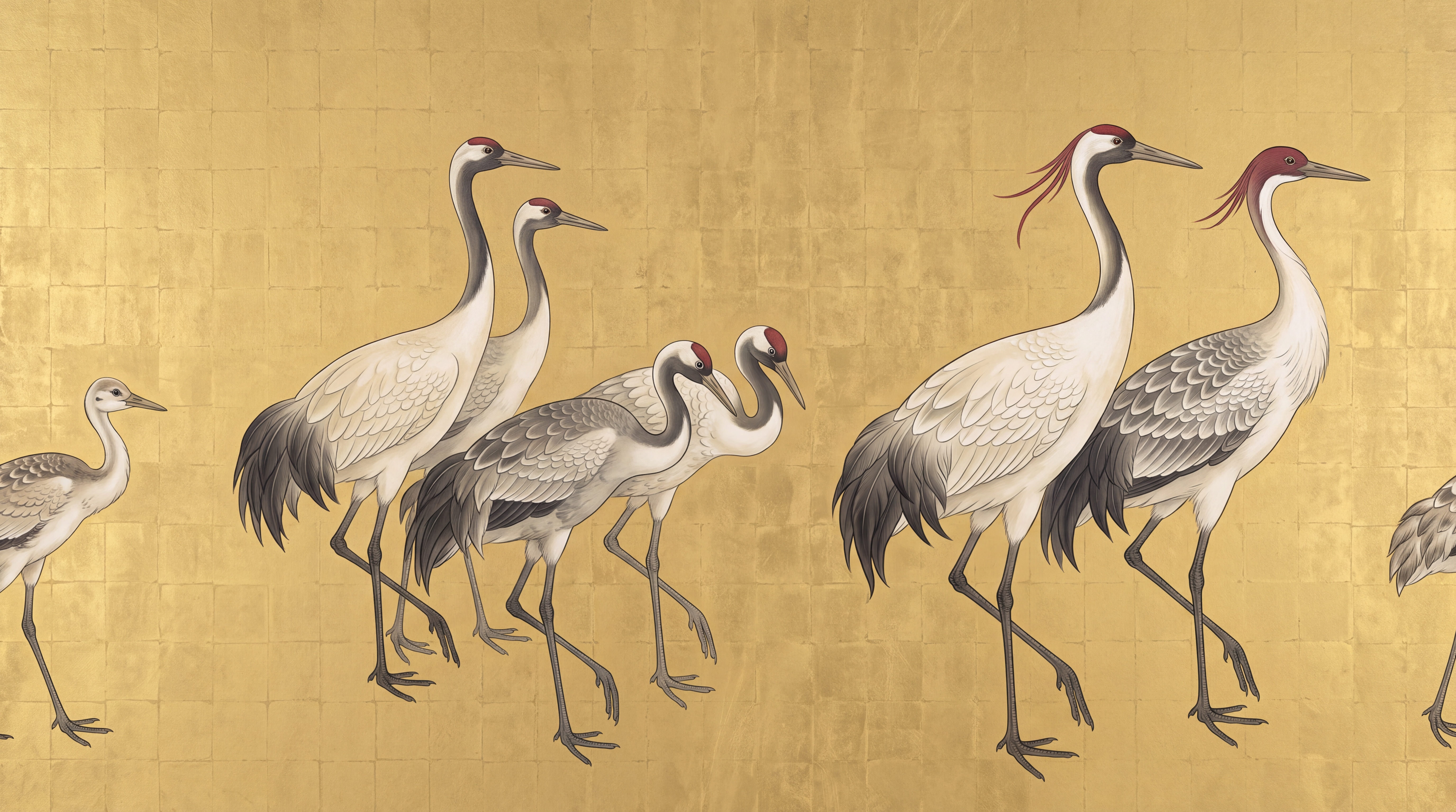 Gold Crane Illustrated Wallpaper Mural, Peel-and-stick Finish