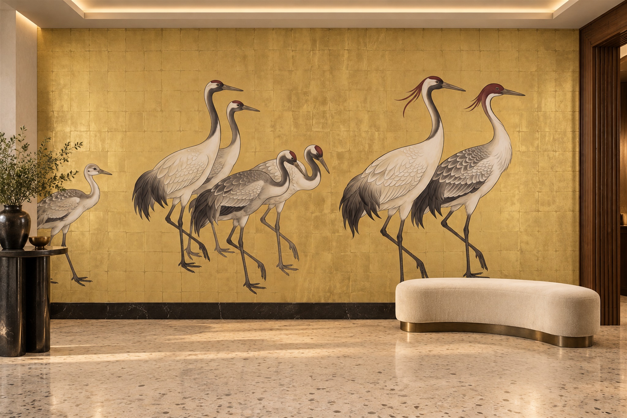 Japanese Cranes On Warm Gold Wallpaper Mural — Installed Wallpaper Mural In A Entryway, Peel-and-stick Finish