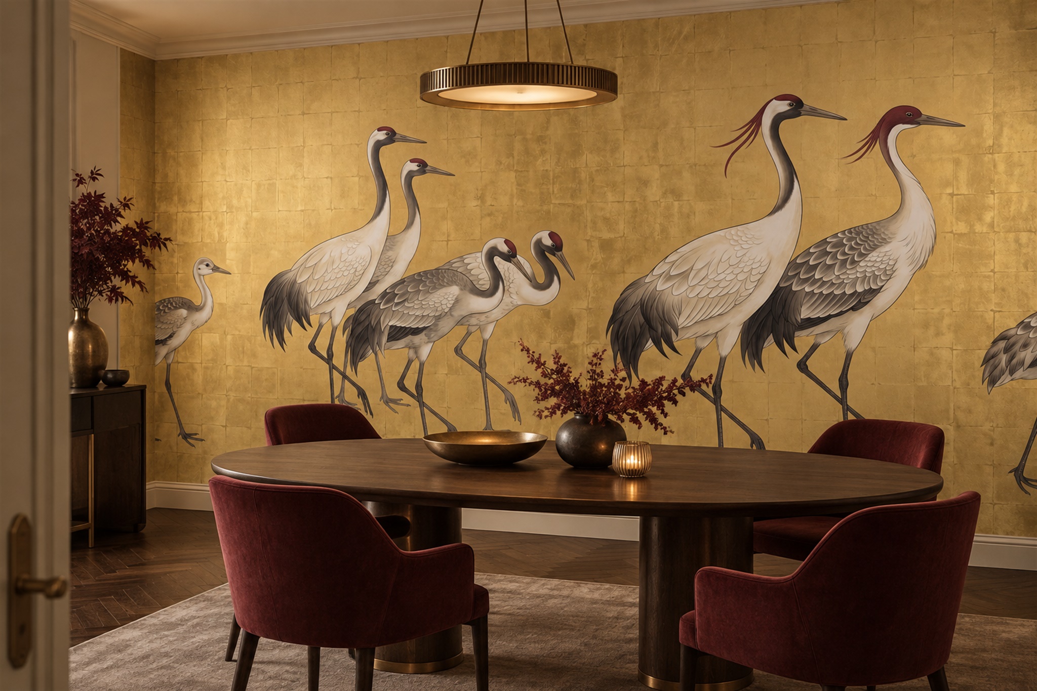 Gold Crane Illustrated Wallpaper Mural Entryway-wallpaper-murals, Peel-and-stick Finish
