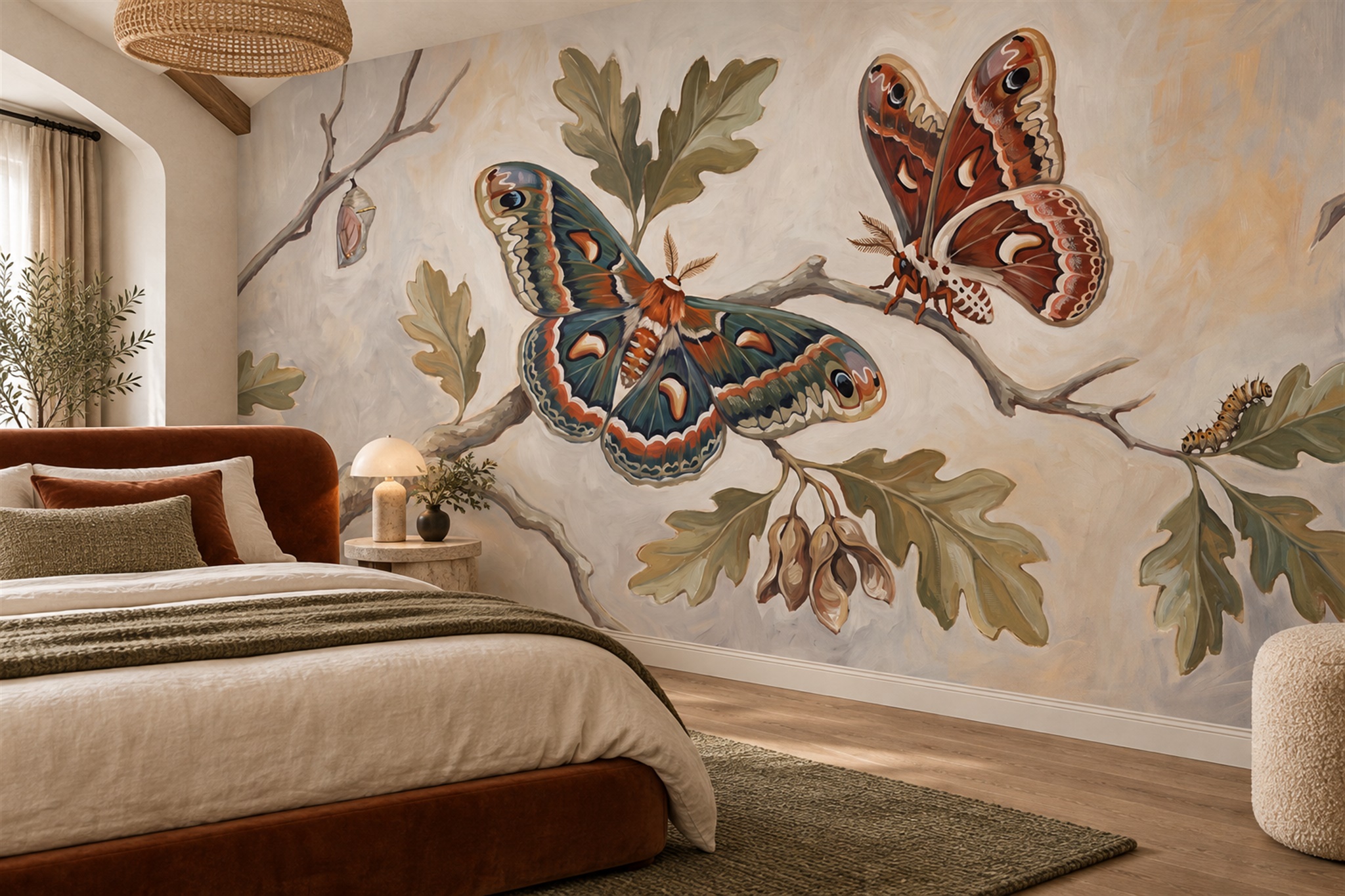 Colourful Moths On Oak Branches Wallpaper Mural — Installed Wallpaper Mural In A Bedroom, Peel-and-stick Finish