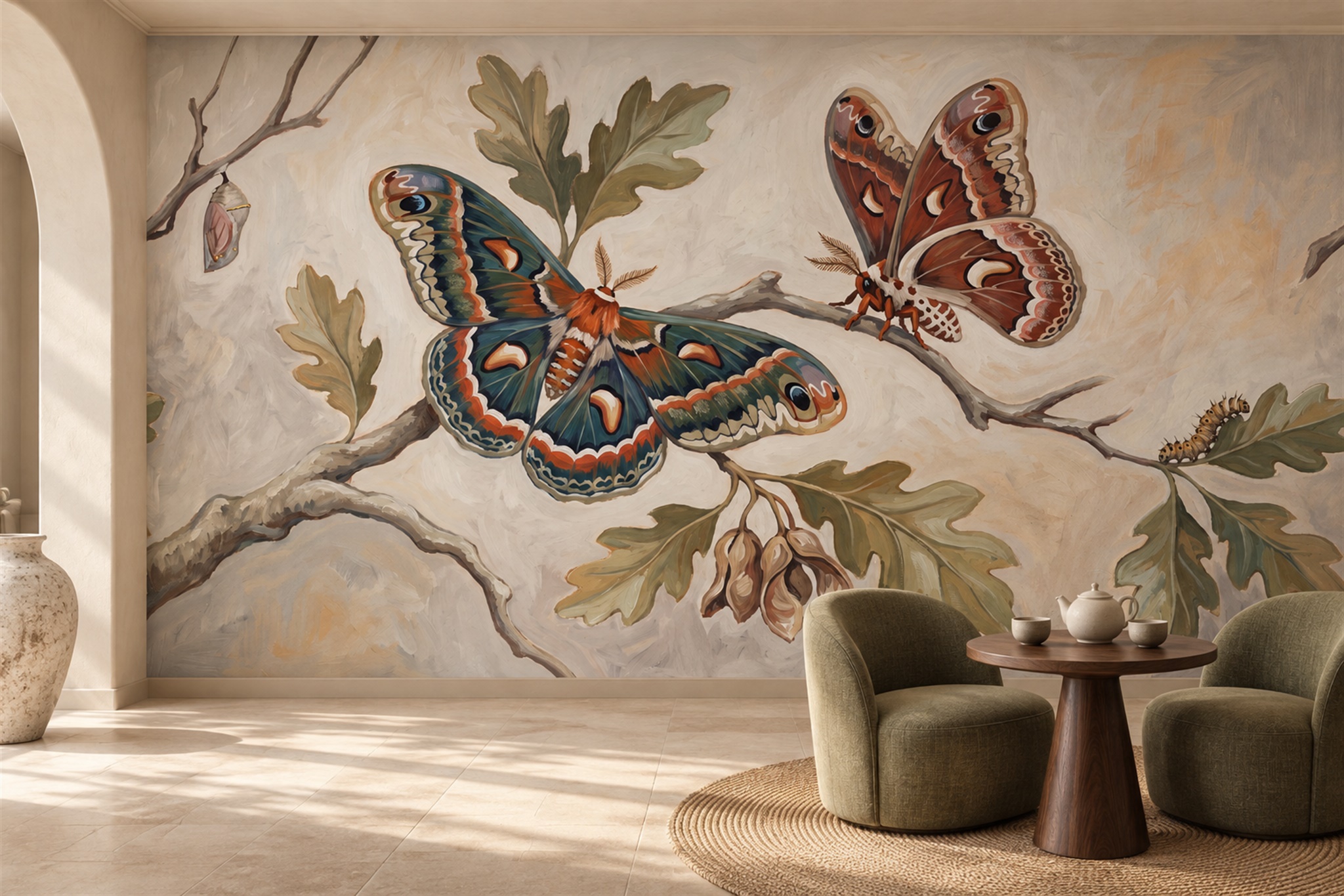 Beige Pattern Decorative Wallpaper Mural Layered Organic Wallpaper Mural Bedroom-wallpaper-murals, Peel-and-stick Finish