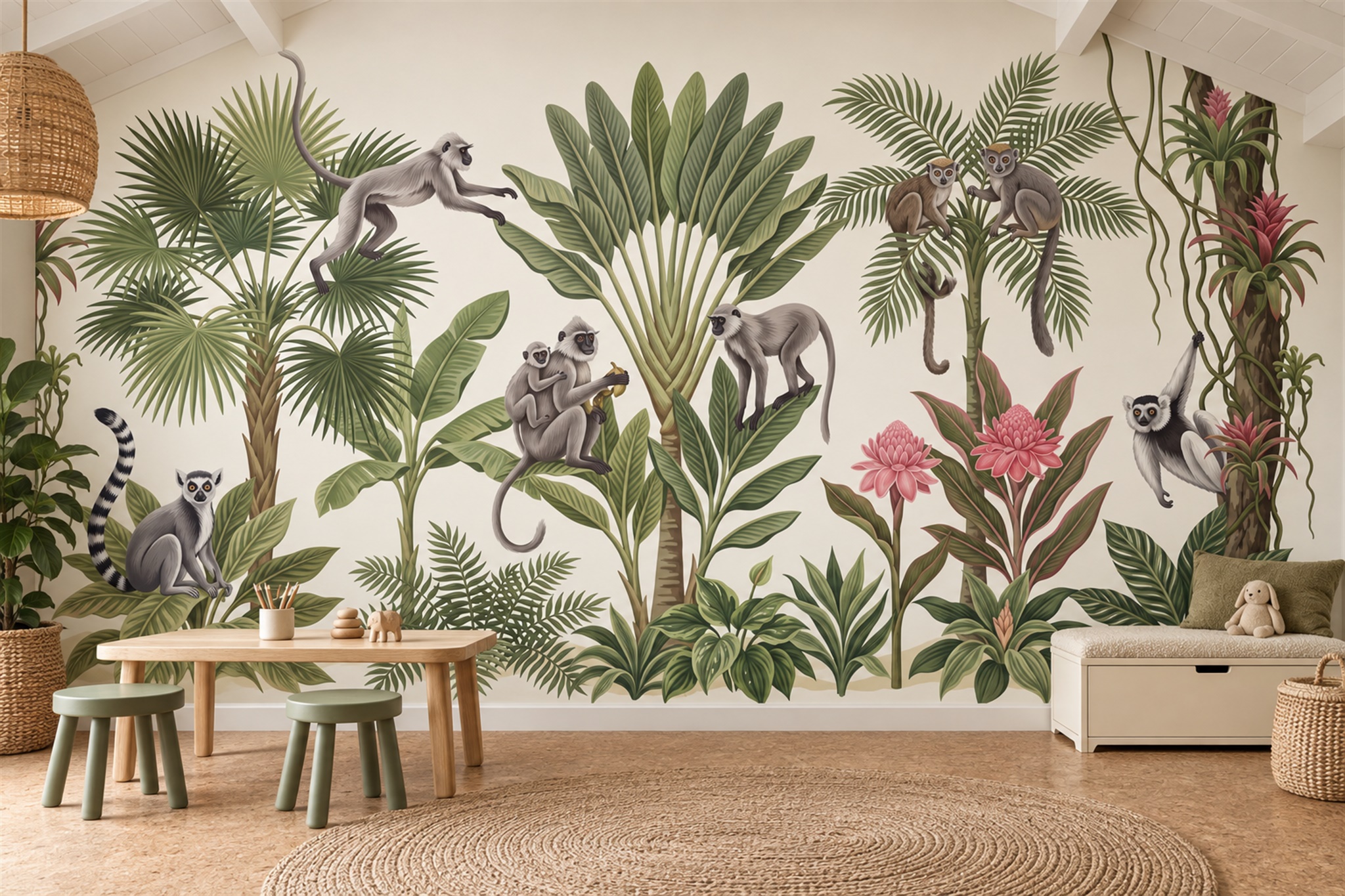 Lemurs And Monkeys In A Tropical Botanical Wallpaper Mural — Wallpaper Mural Design, Peel-and-stick Finish