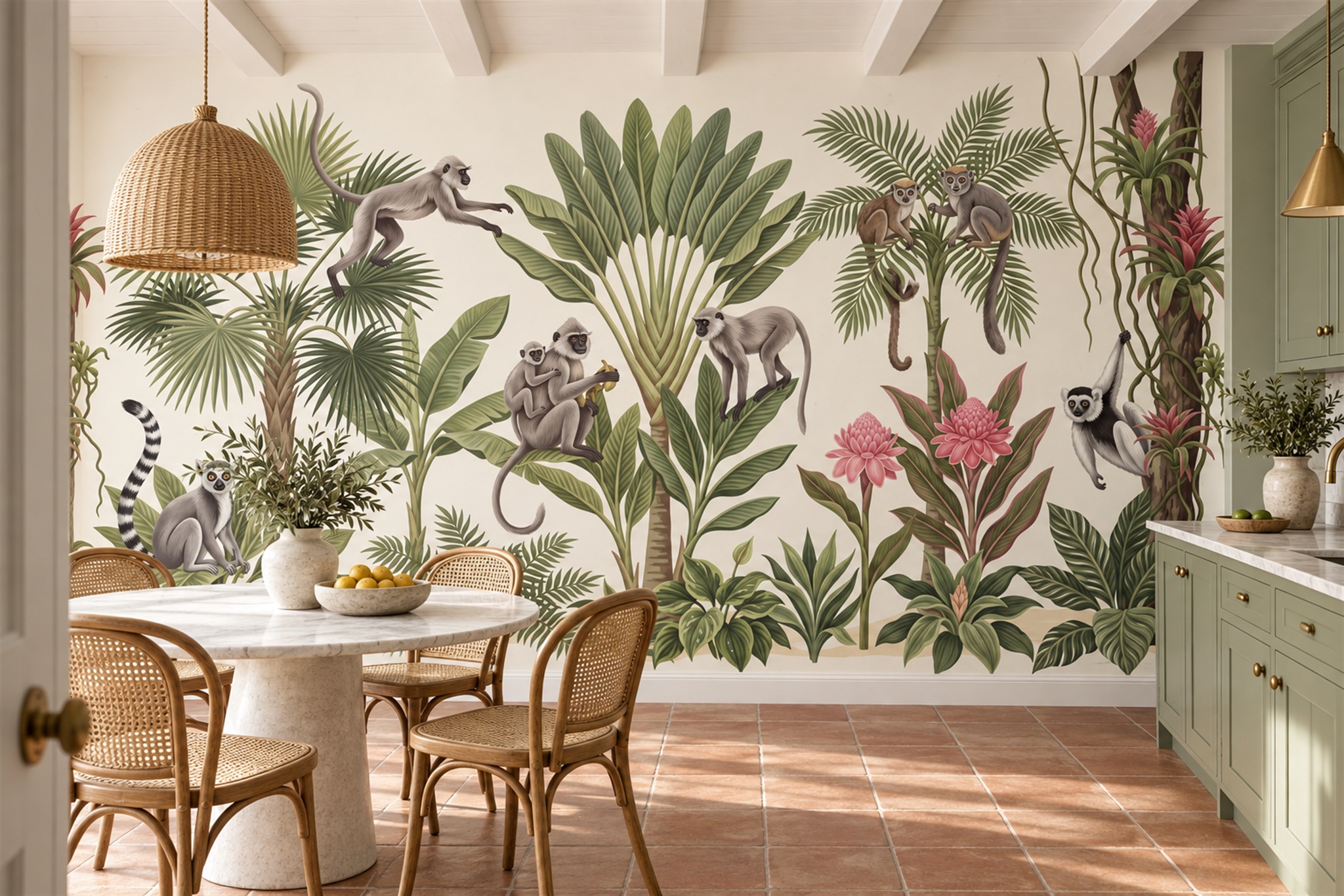 Green Monkeys Wallpaper Mural, Shown In A Dining Room, Peel-and-stick Finish
