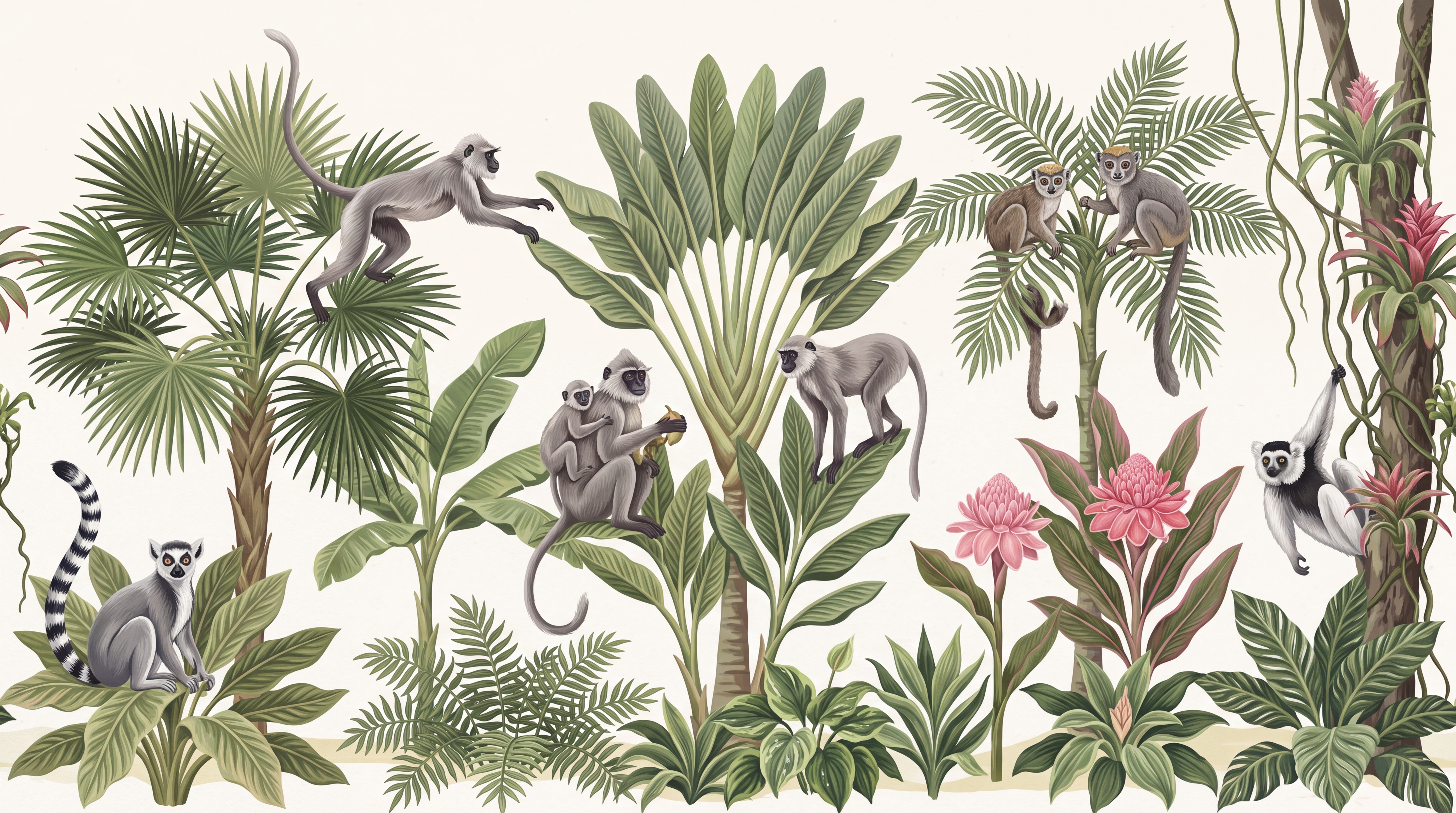 Green Monkeys Wallpaper Mural, Peel-and-stick Finish
