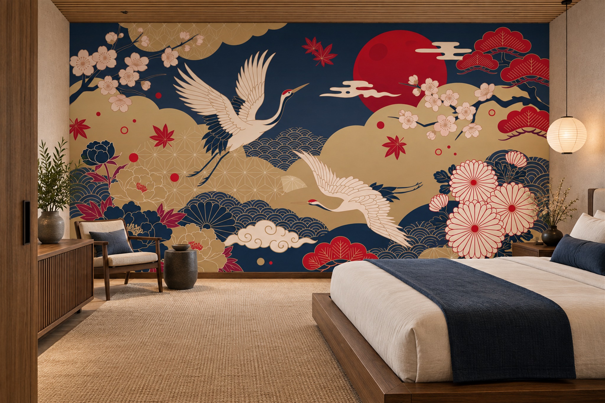 Navy Crane Illustrated Abstract Wallpaper Mural Bedroom-wallpaper-murals, Peel-and-stick Finish