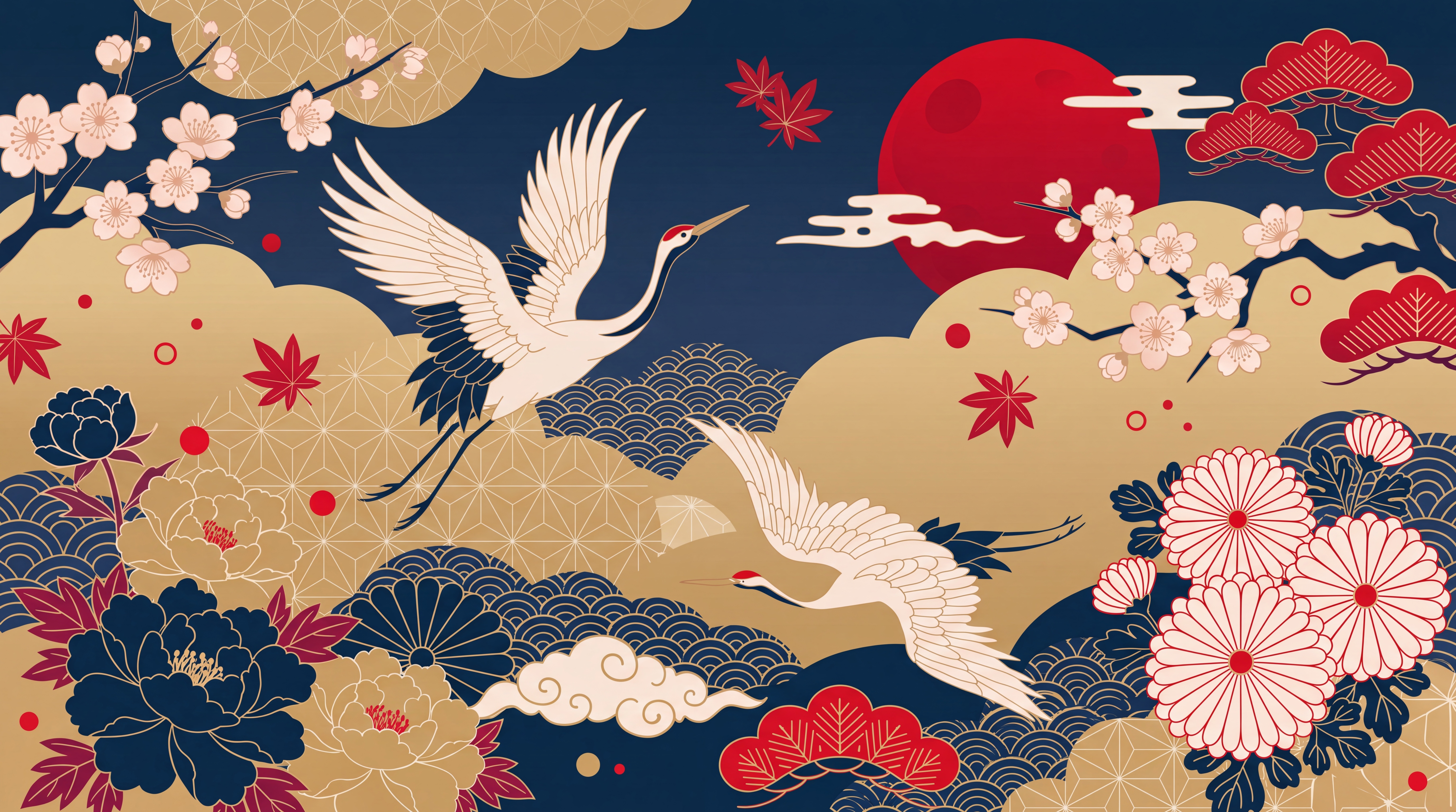 Navy Crane Illustrated Abstract Wallpaper Mural, Peel-and-stick Finish
