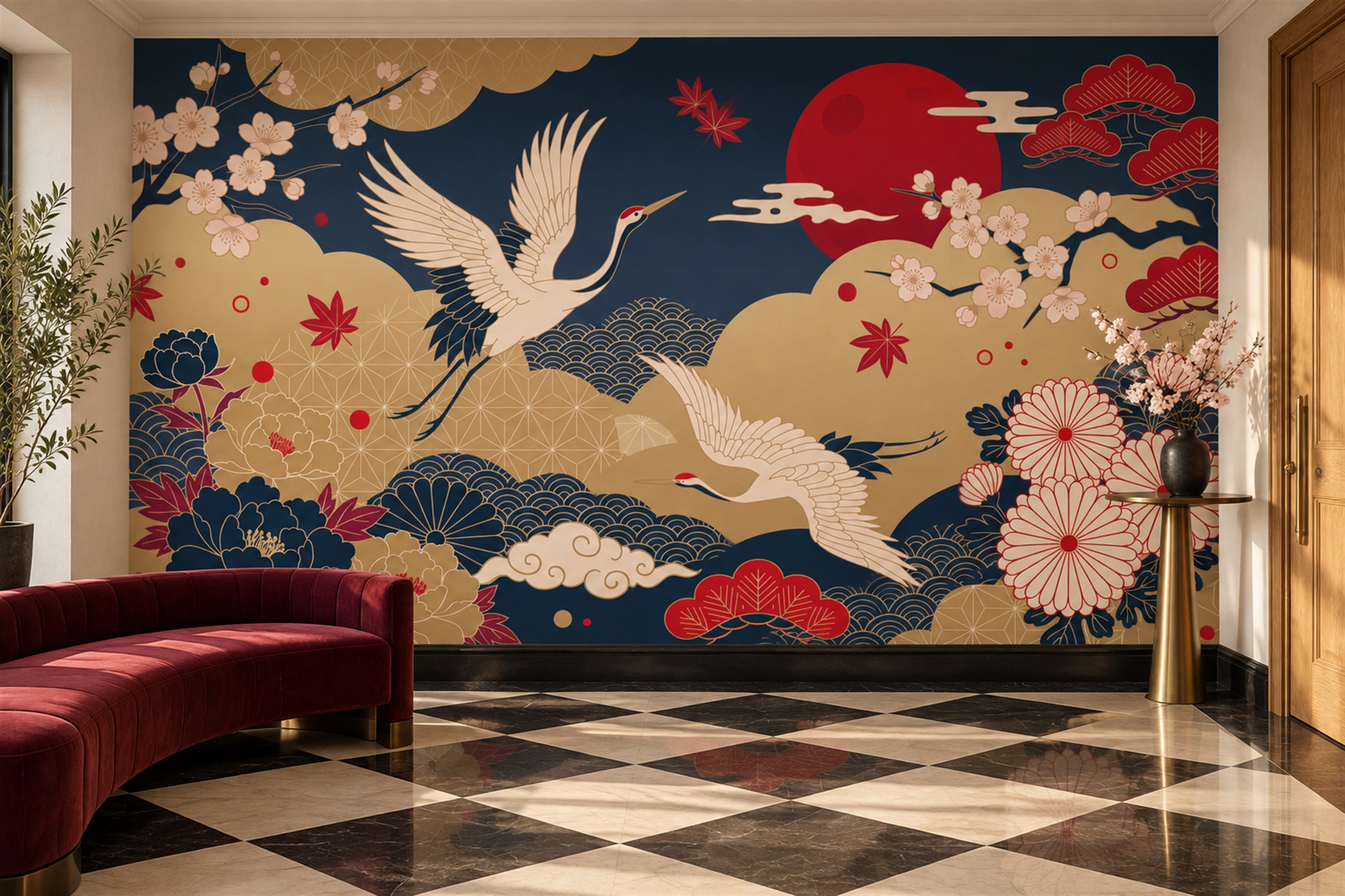 Navy Crane Illustrated Abstract Wallpaper Mural Living-room-wallpaper-murals, Peel-and-stick Finish