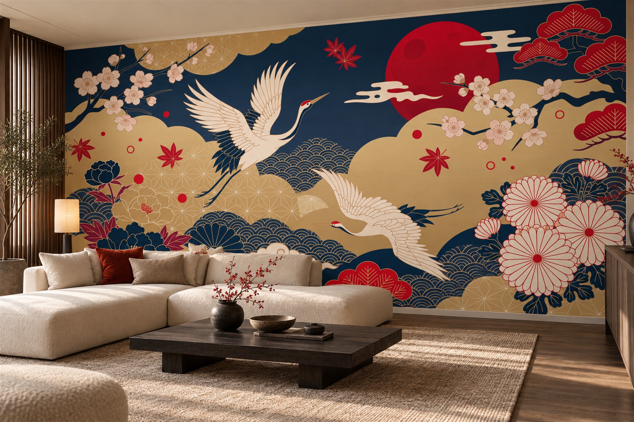 Navy Crane Illustrated Abstract Wallpaper Mural Living-room-wallpaper-murals, Peel-and-stick Finish