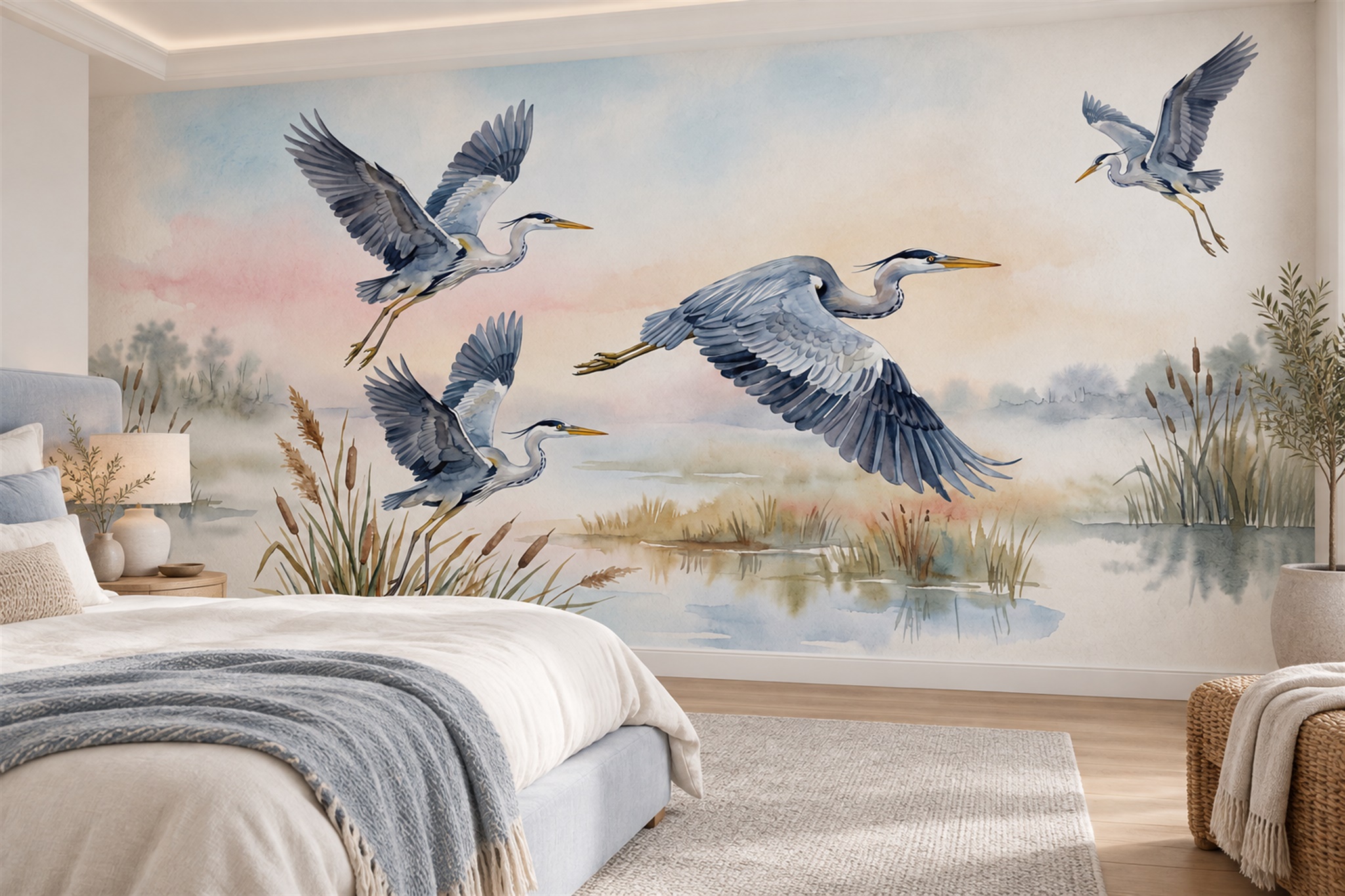 Blue Heron Illustrated Layered Wallpaper Mural Bedroom-wallpaper-murals, Peel-and-stick Finish