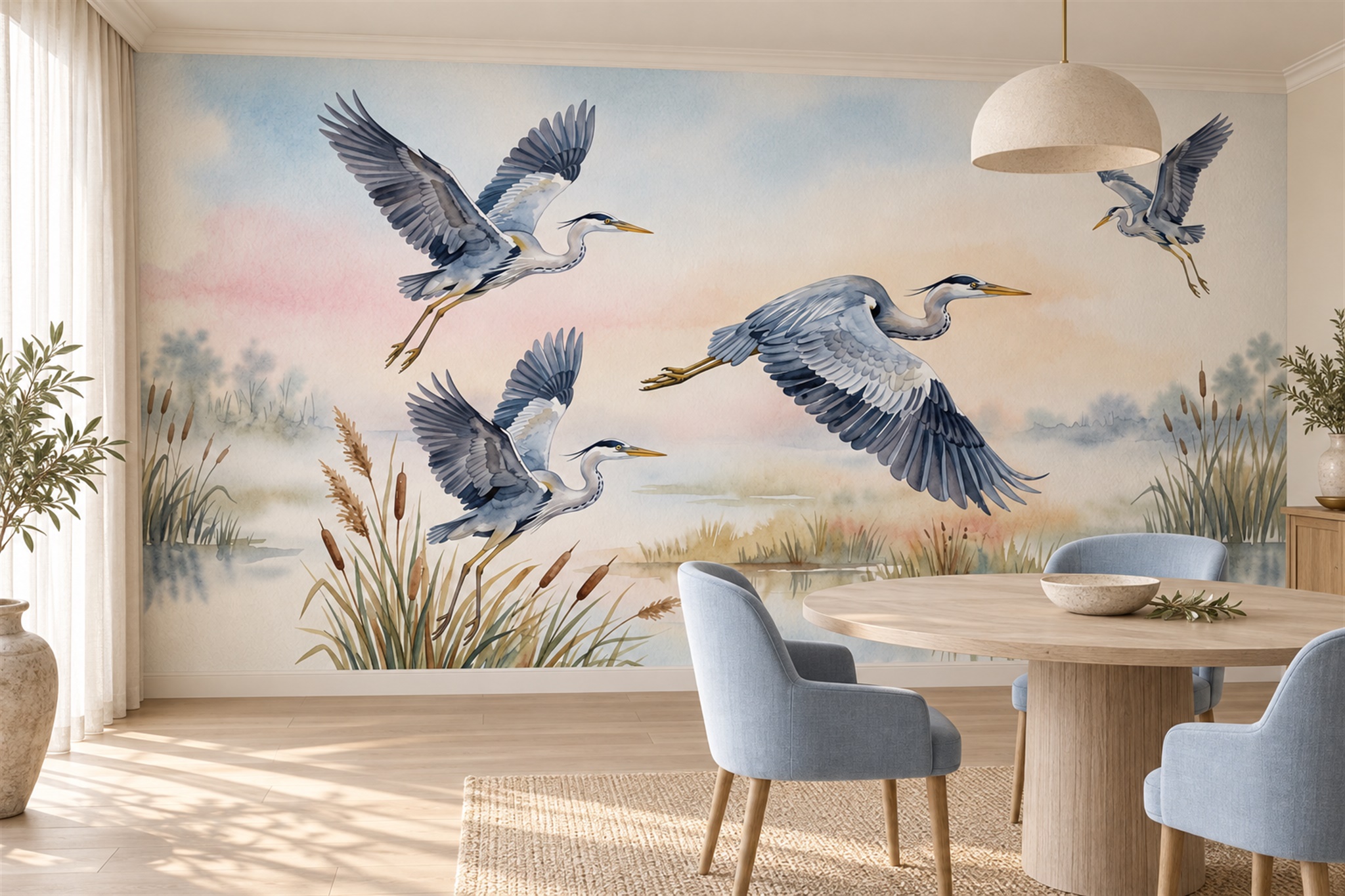 Blue Heron Illustrated Layered Wallpaper Mural Accent-wall-wallpaper-murals, Peel-and-stick Finish