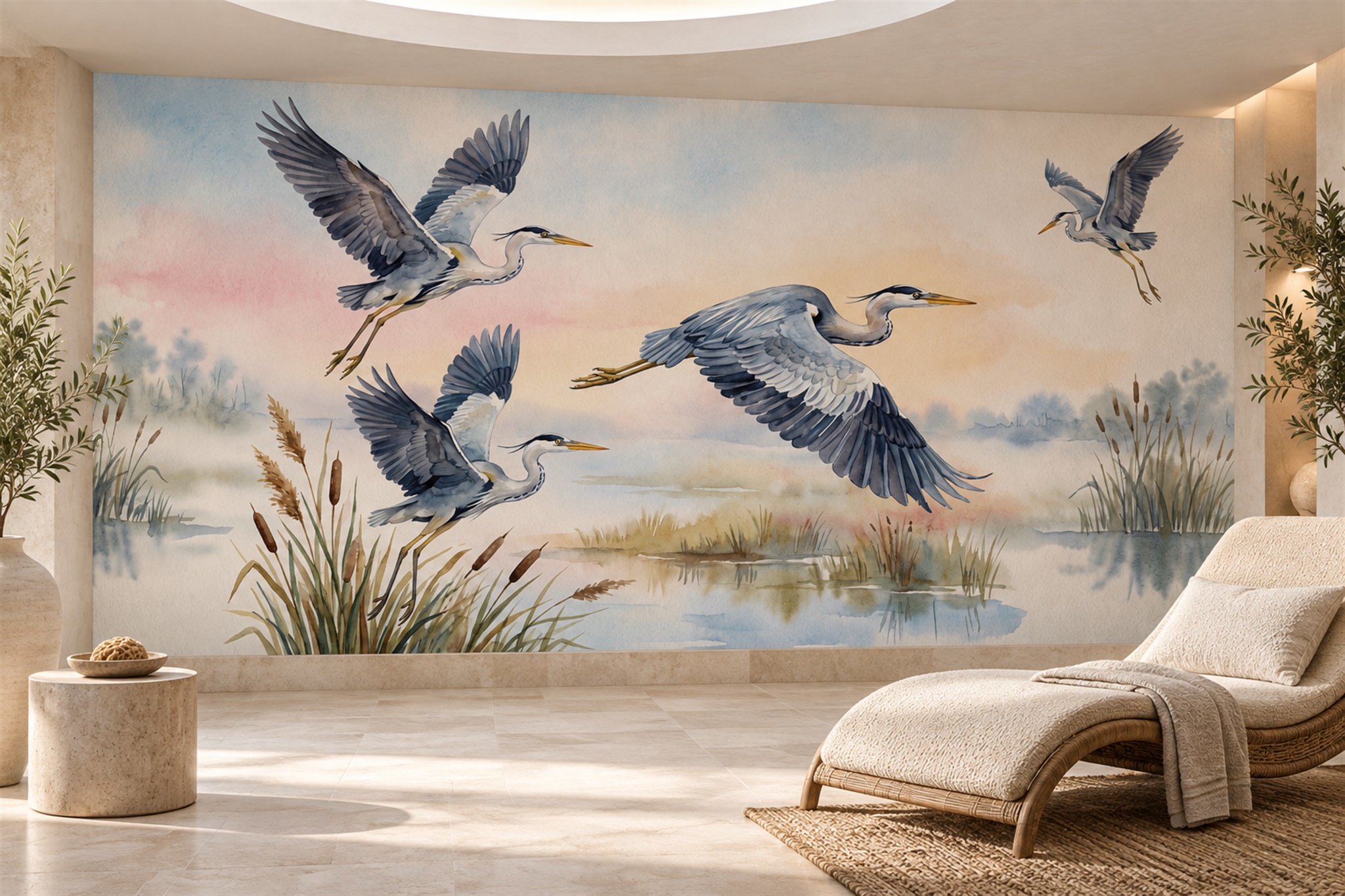 Blue Heron Illustrated Layered Wallpaper Mural Accent-wall-wallpaper-murals, Peel-and-stick Finish