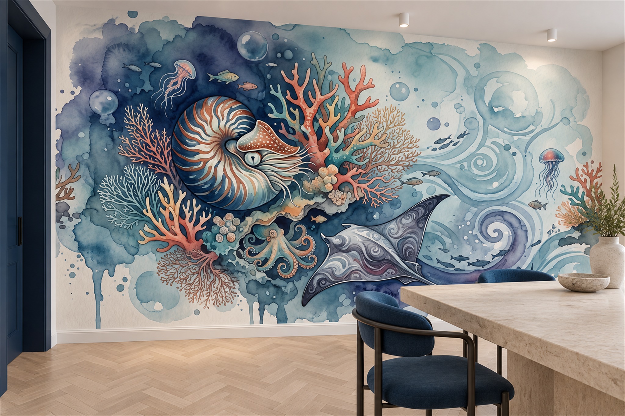 Blue Reef Scenic Ocean Wallpaper Mural Dining-room-wallpaper-murals, Shown In A Dining Room, Peel-and-stick Finish