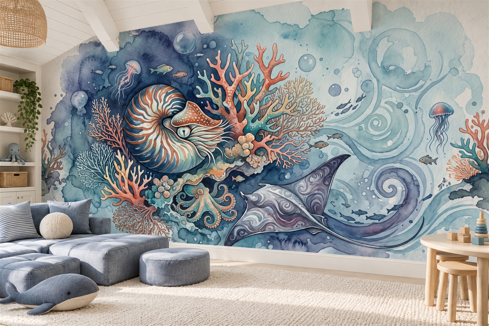 Nautilus Stingray And Coral Reef Watercolour Wallpaper Mural — Wallpaper Mural Design, Peel-and-stick Finish