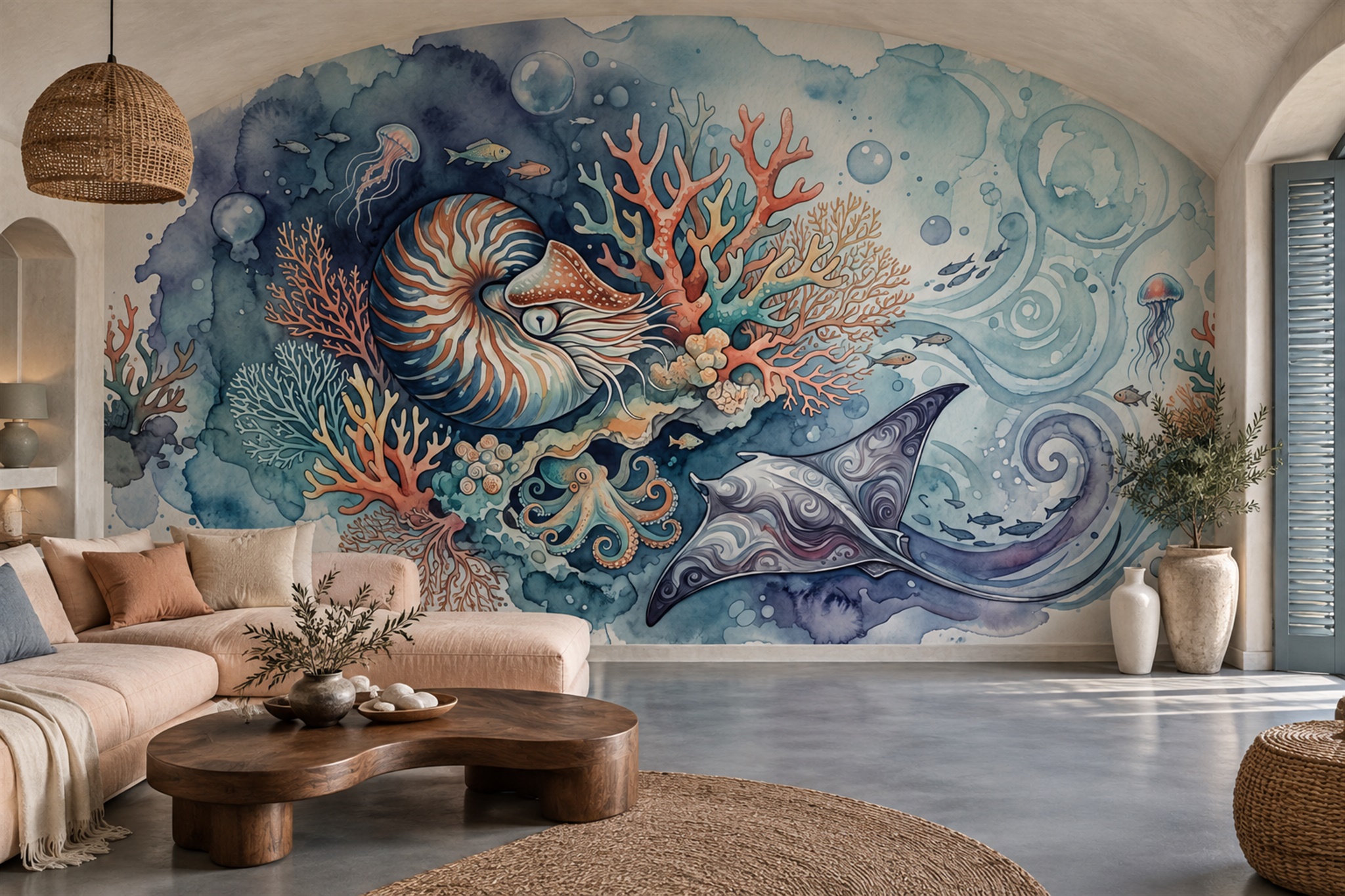 Blue Reef Scenic Ocean Wallpaper Mural Accent-wall-wallpaper-murals, Peel-and-stick Finish