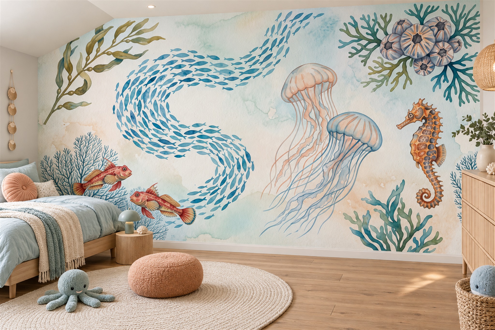 Watercolour Jellyfish And Marine Life Wallpaper Mural — Wallpaper Mural Design, Peel-and-stick Finish