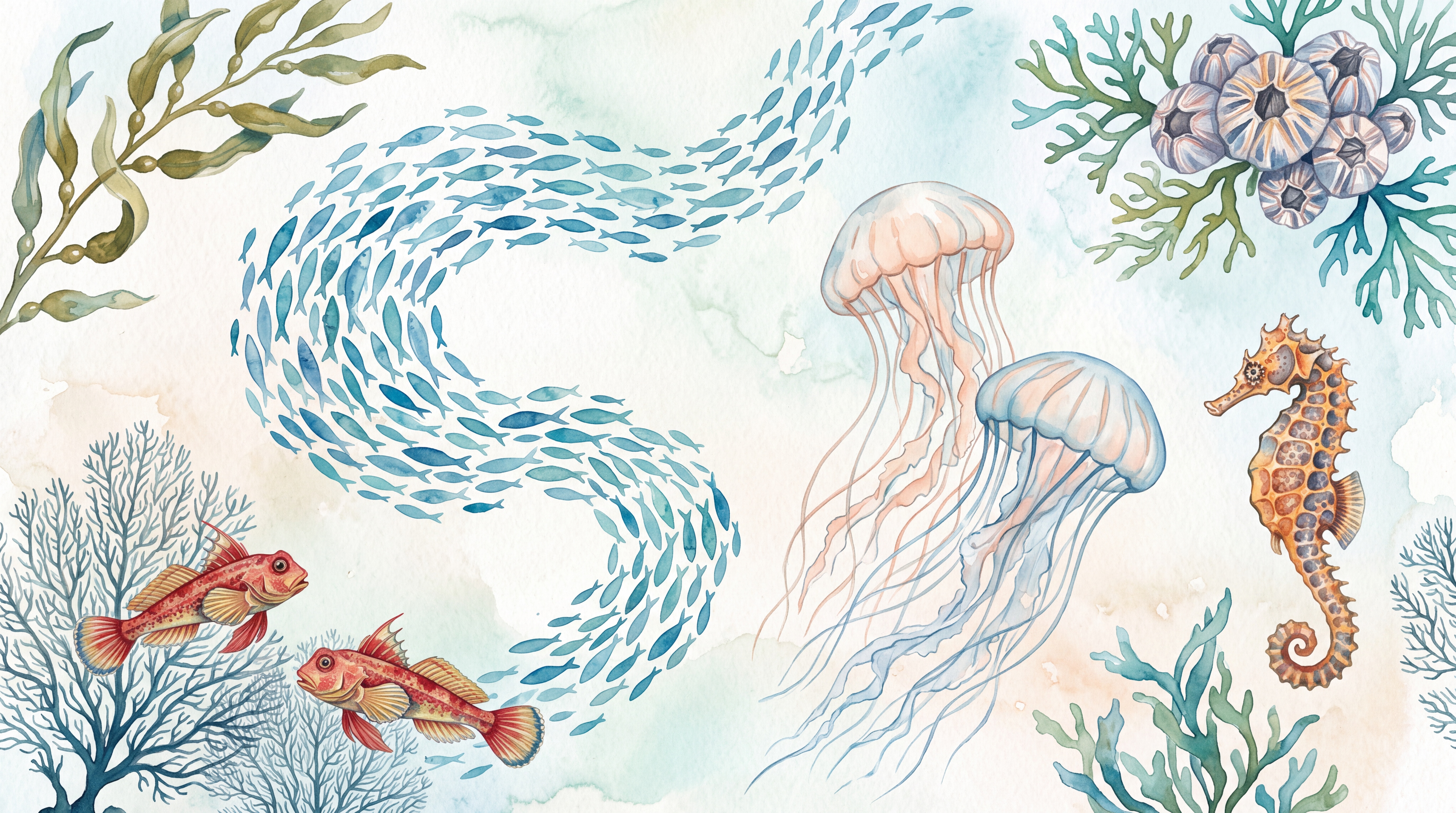 Aqua Jellyfish Illustrated Wallpaper Mural, Peel-and-stick Finish