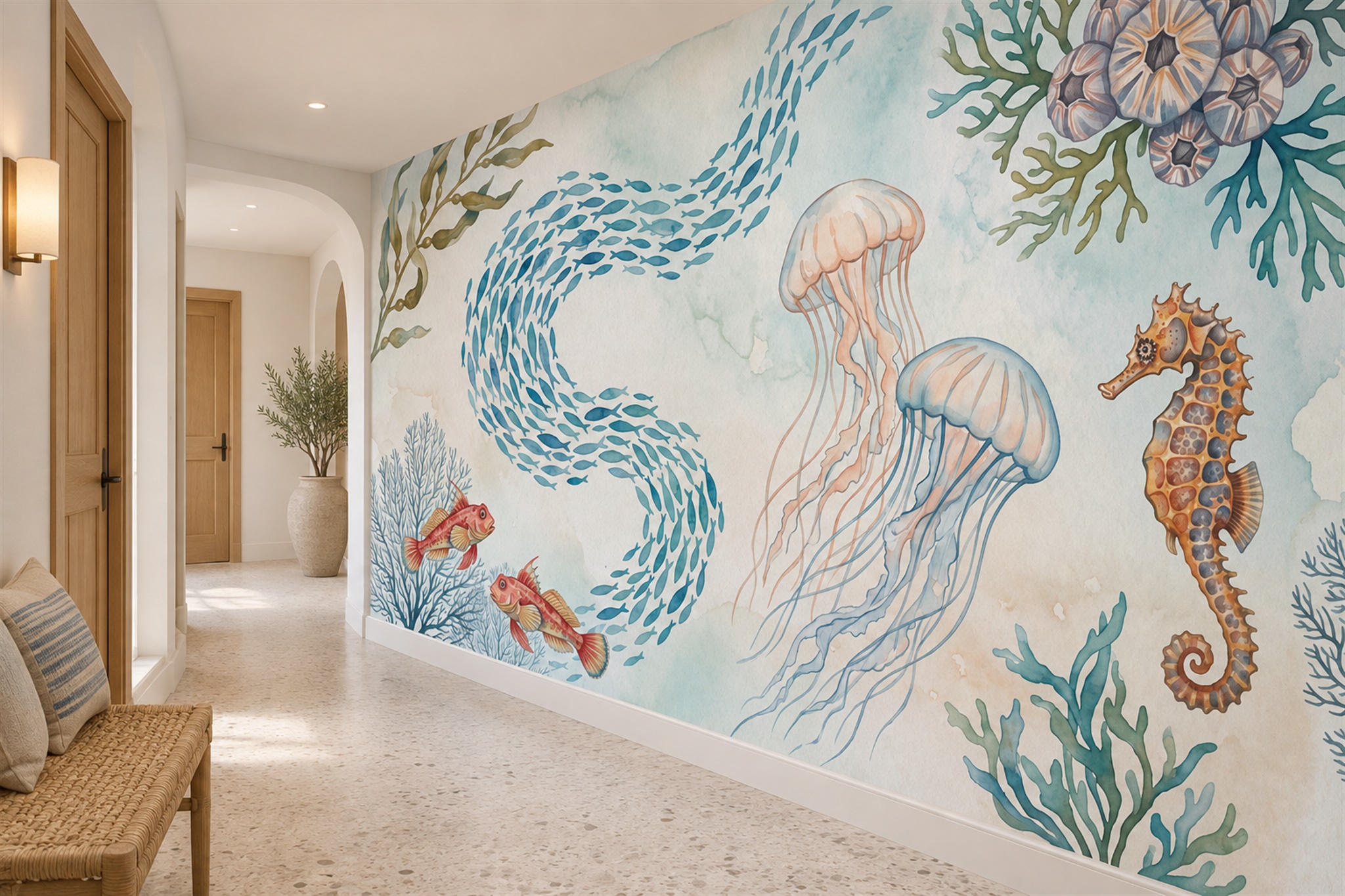 Aqua Jellyfish Illustrated Wallpaper Mural Hallway-wallpaper-murals, Peel-and-stick Finish