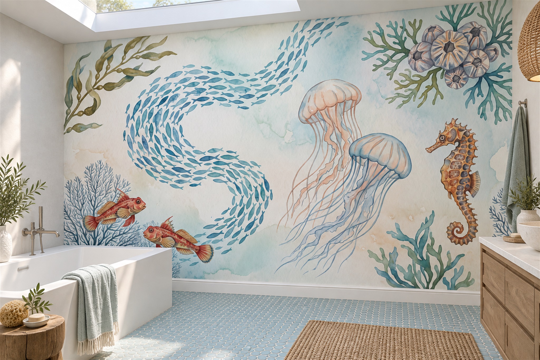 Aqua Jellyfish Illustrated Wallpaper Mural Bathroom-wallpaper-murals, Peel-and-stick Finish