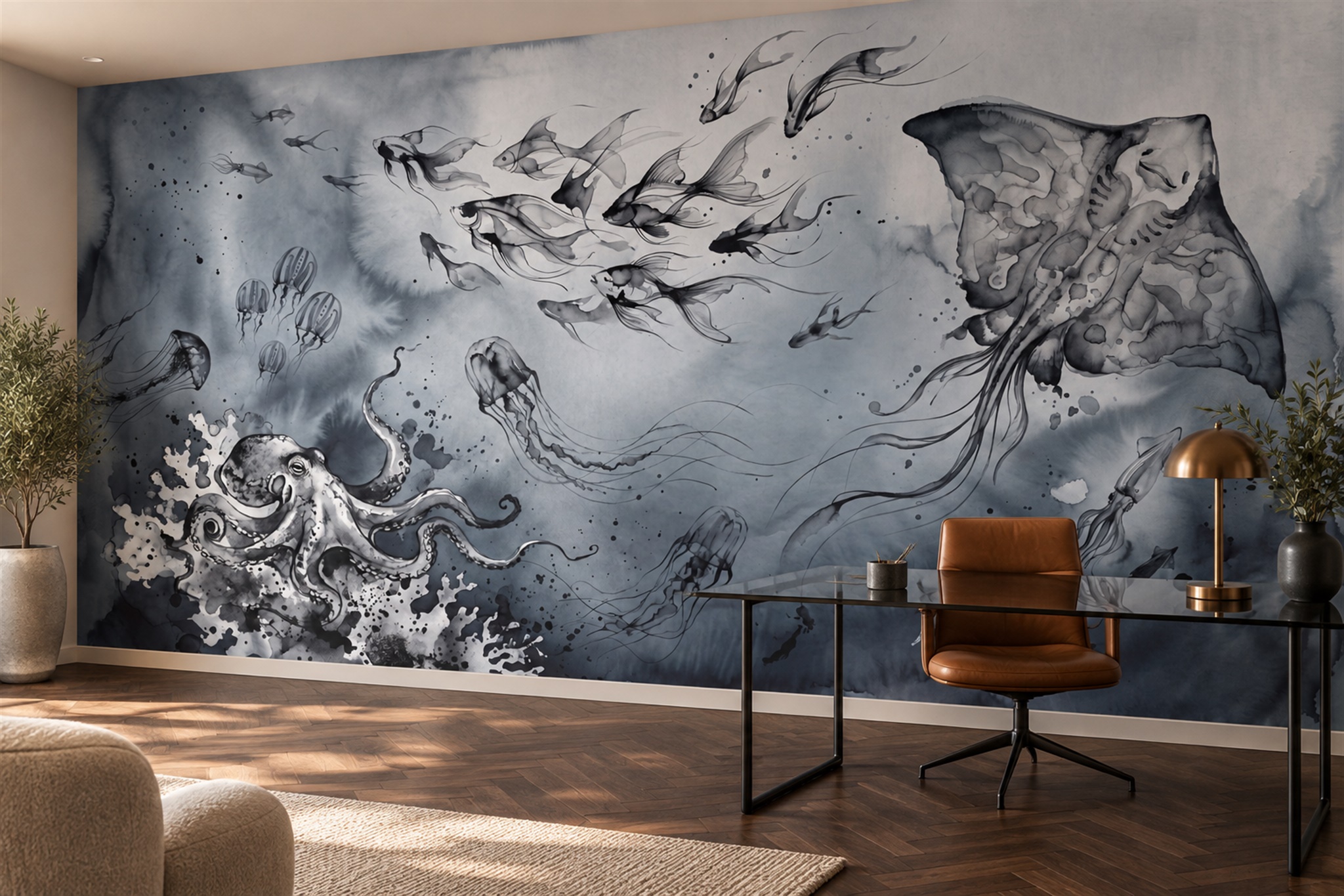 Grey Pattern Decorative Wallpaper Mural Layered Graphic Wallpaper Mural Home-office-wallpaper-murals, Shown In A Home Office, Peel-and-stick Finish