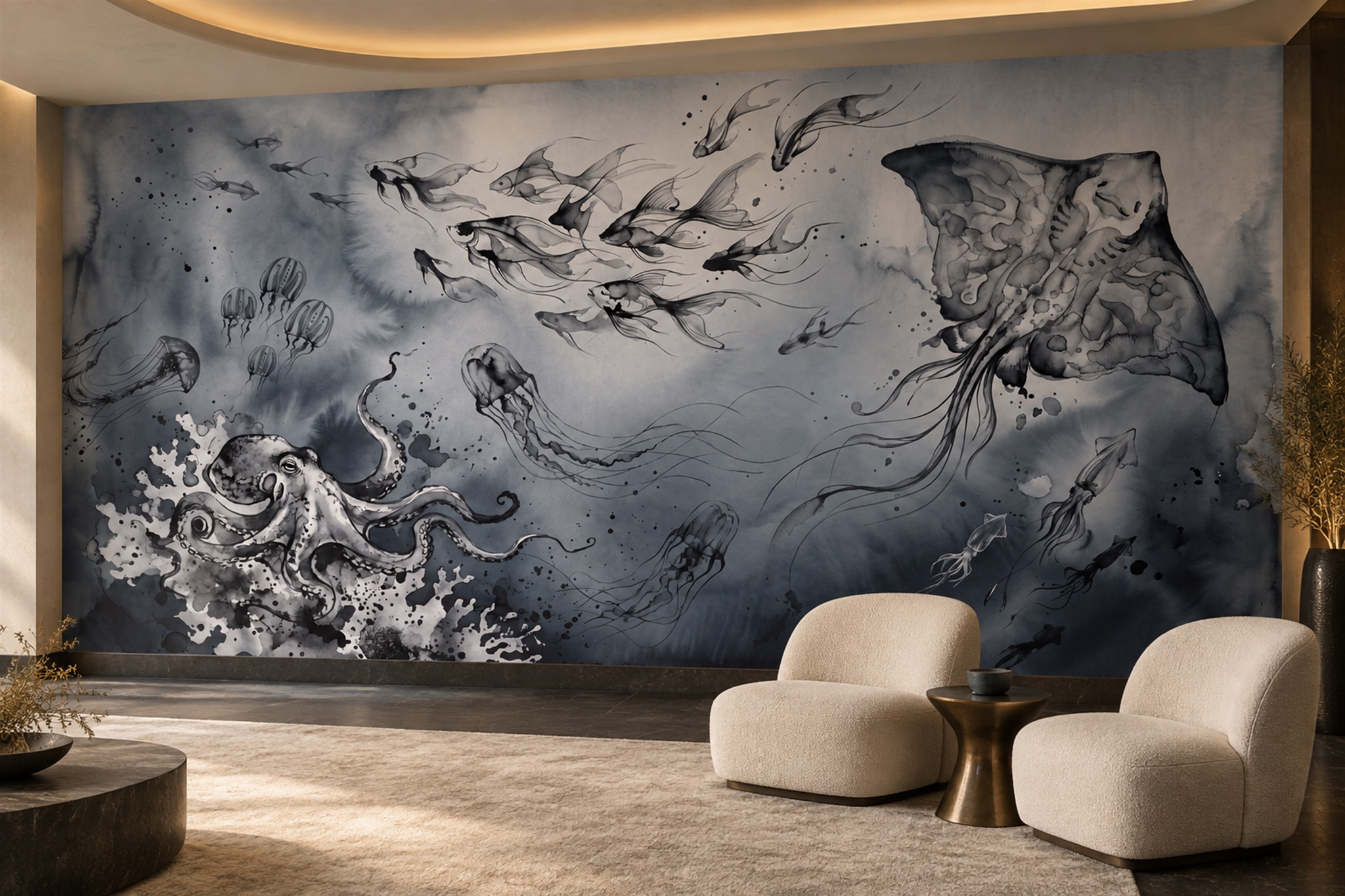 Grey Pattern Decorative Wallpaper Mural Layered Graphic Wallpaper Mural Feature-wall-wallpaper-murals, Peel-and-stick Finish