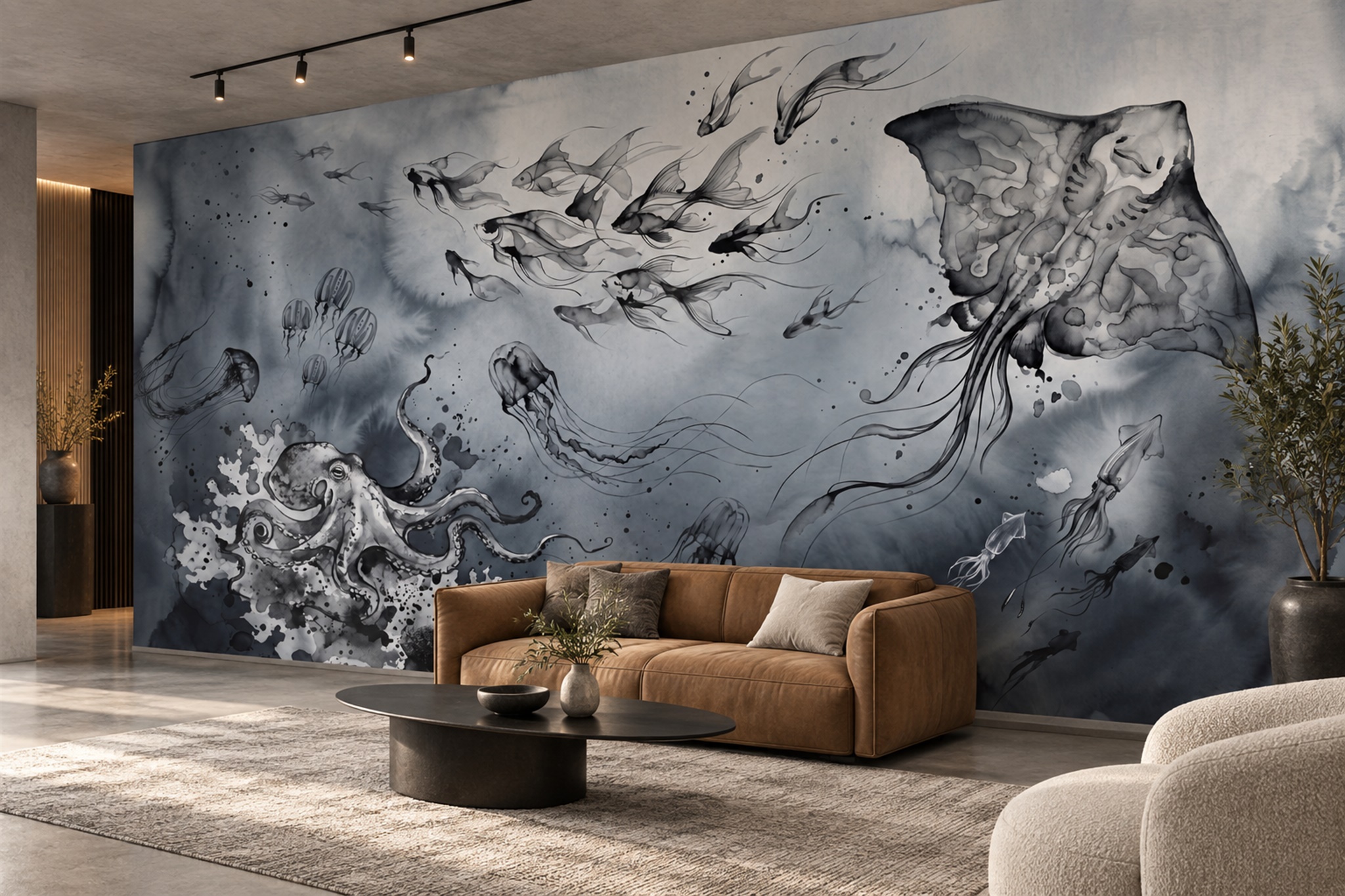 Monochrome Manta Ray And Octopus Underwater Wallpaper Mural — Wallpaper Mural Design, Peel-and-stick Finish