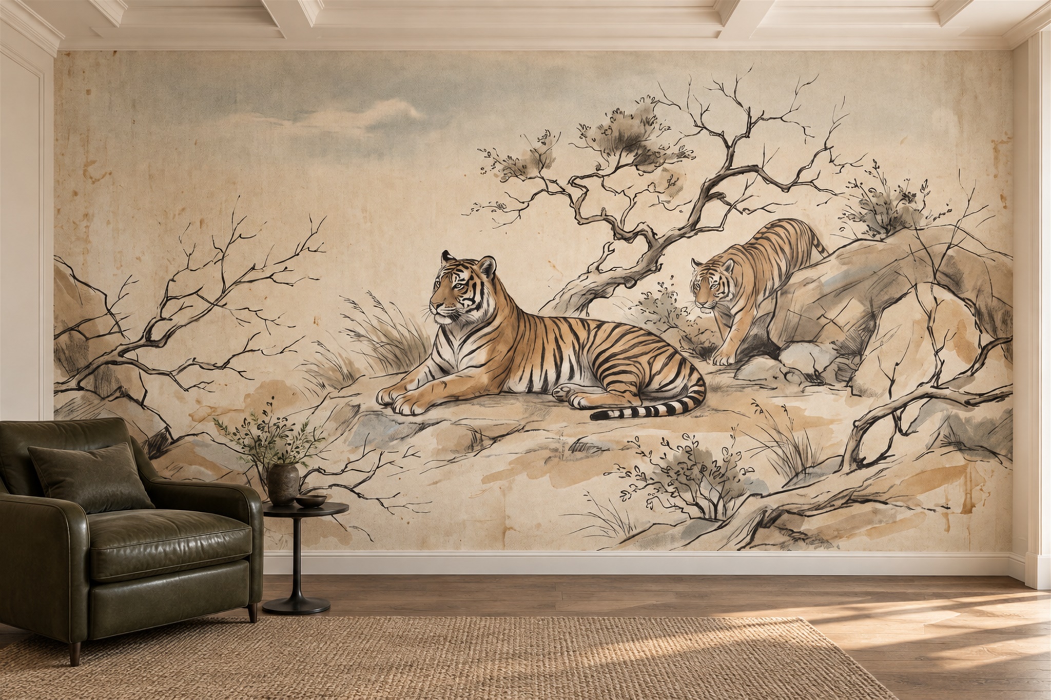 Two Tigers In A Misty Ink-wash Landscape Wallpaper Mural — Wallpaper Mural Design, Peel-and-stick Finish