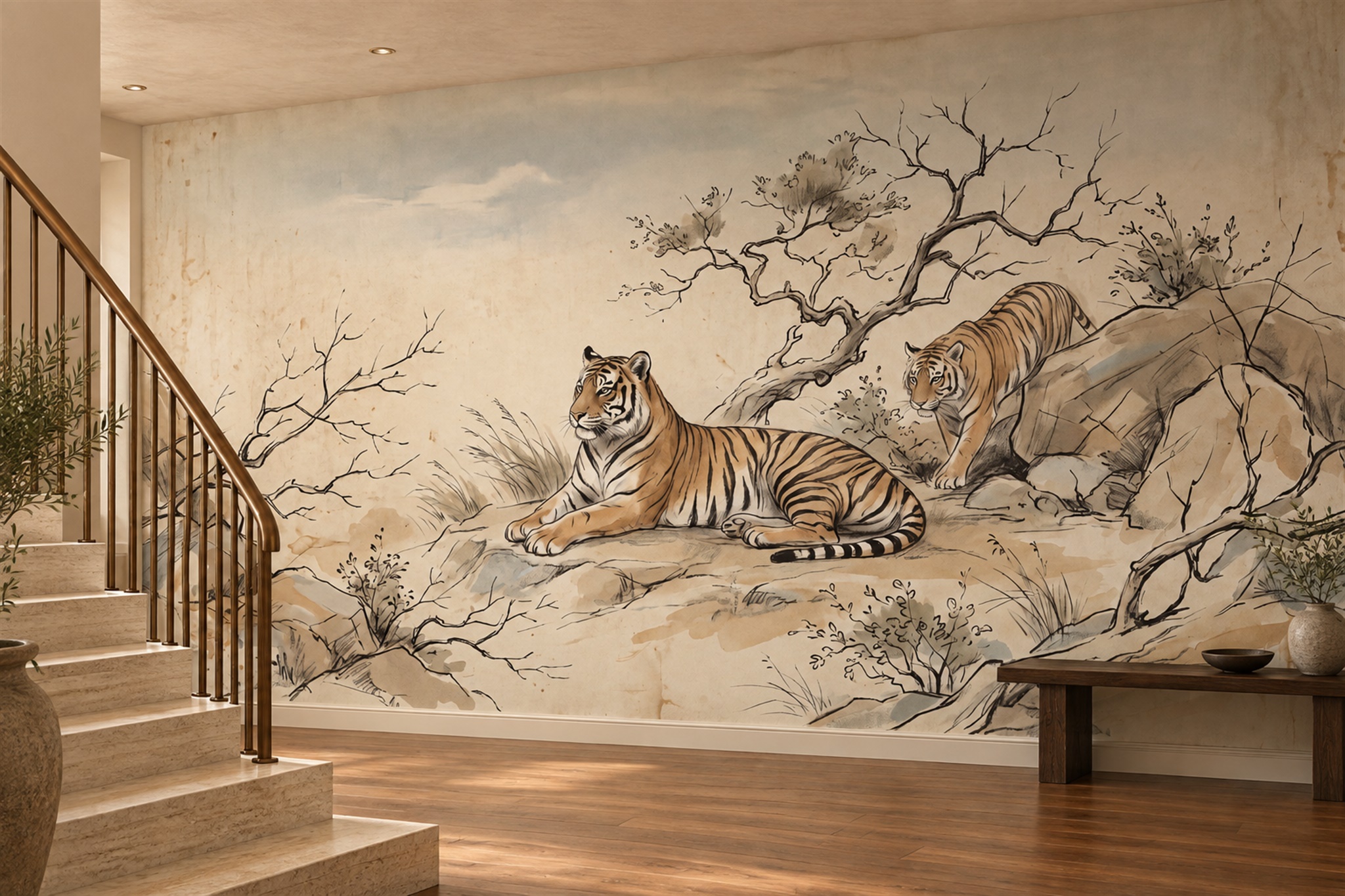 Beige Pattern Decorative Wallpaper Mural Layered Atmospheric Wallpaper Accent-wall-wallpaper-murals, Peel-and-stick Finish