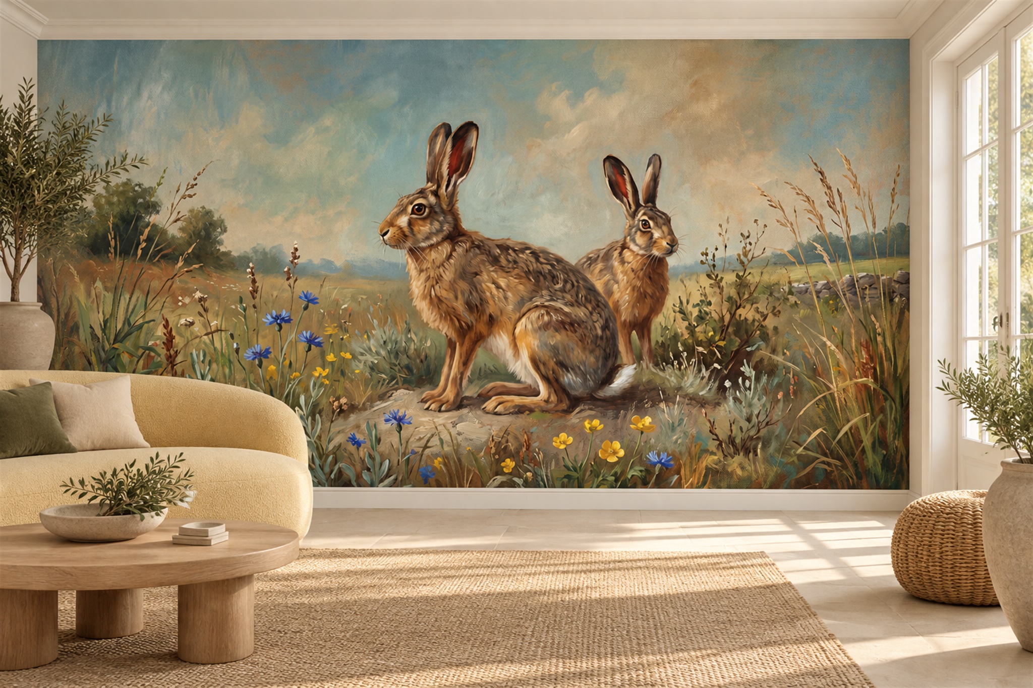 Hares In A Wildflower Meadow Wallpaper Mural — Wallpaper Mural Design, Peel-and-stick Finish
