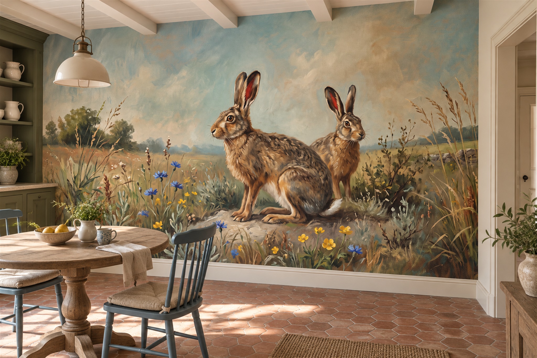 Brown Pattern Decorative Painterly Wallpaper Mural Dining-room-wallpaper-murals, Shown In A Dining Room, Peel-and-stick Finish