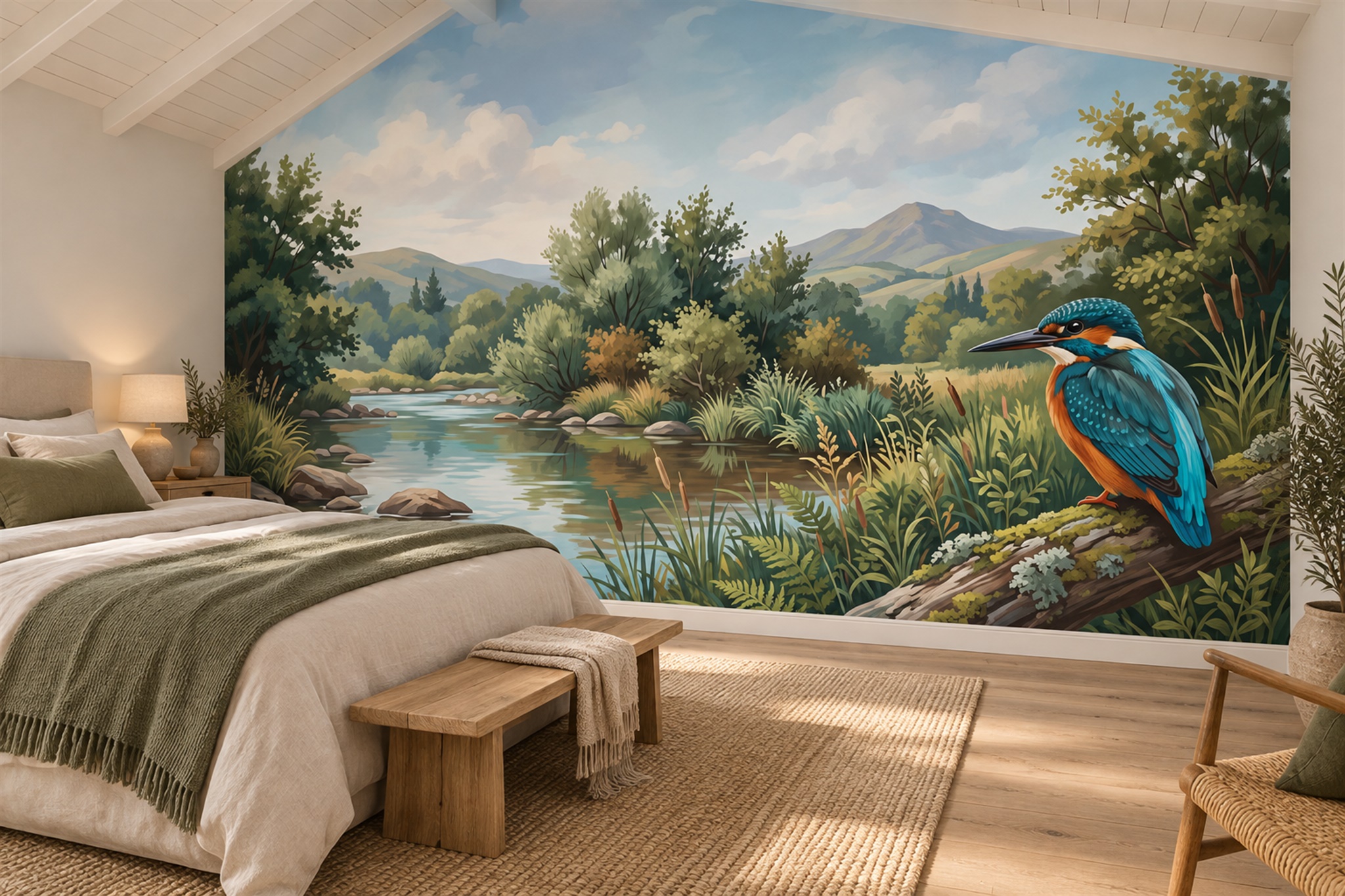 Teal River Scenic Wallpaper Mural Bedroom-wallpaper-murals, Peel-and-stick Finish