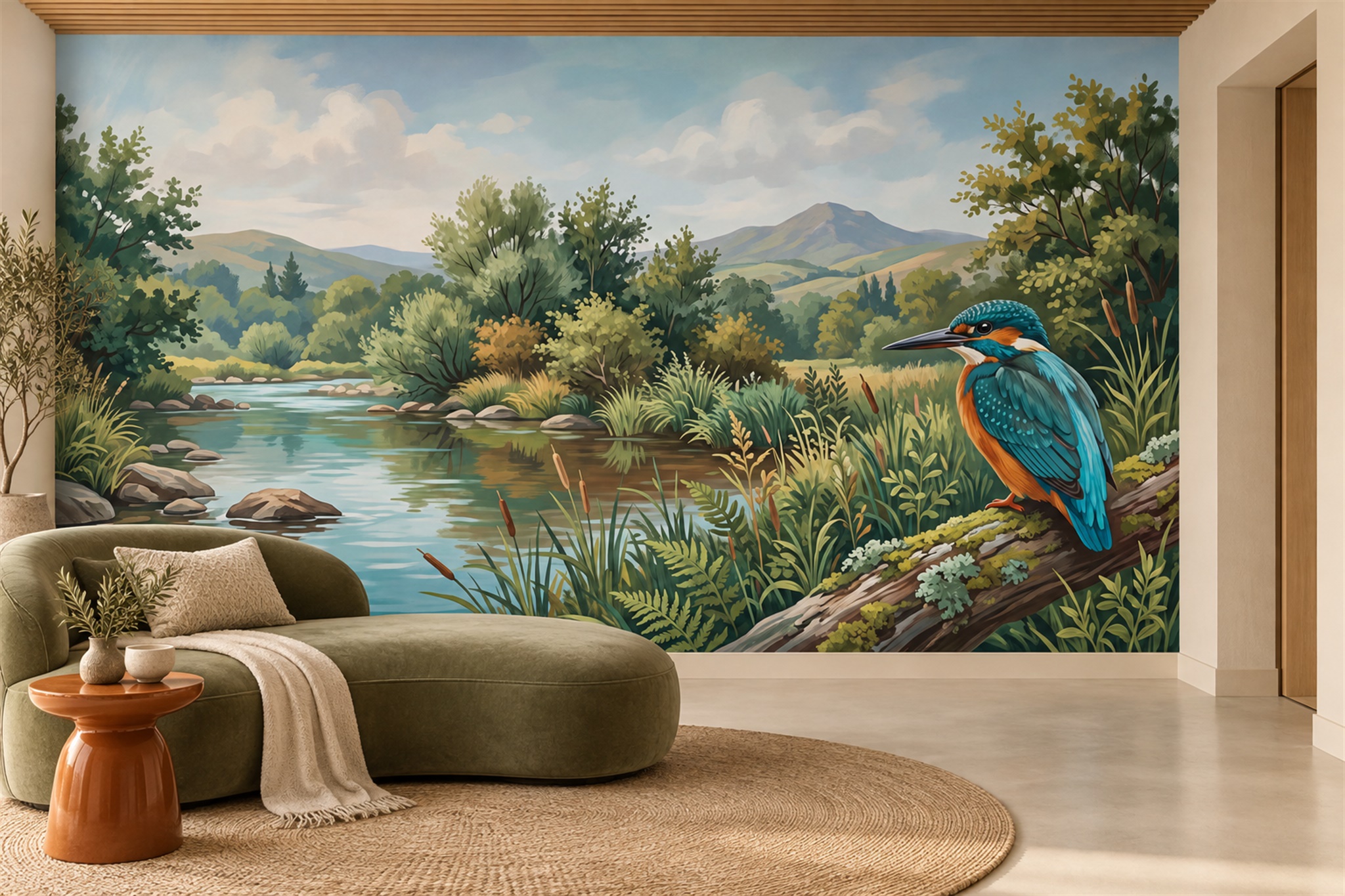 Teal River Scenic Wallpaper Mural Dining-room-wallpaper-murals, Peel-and-stick Finish
