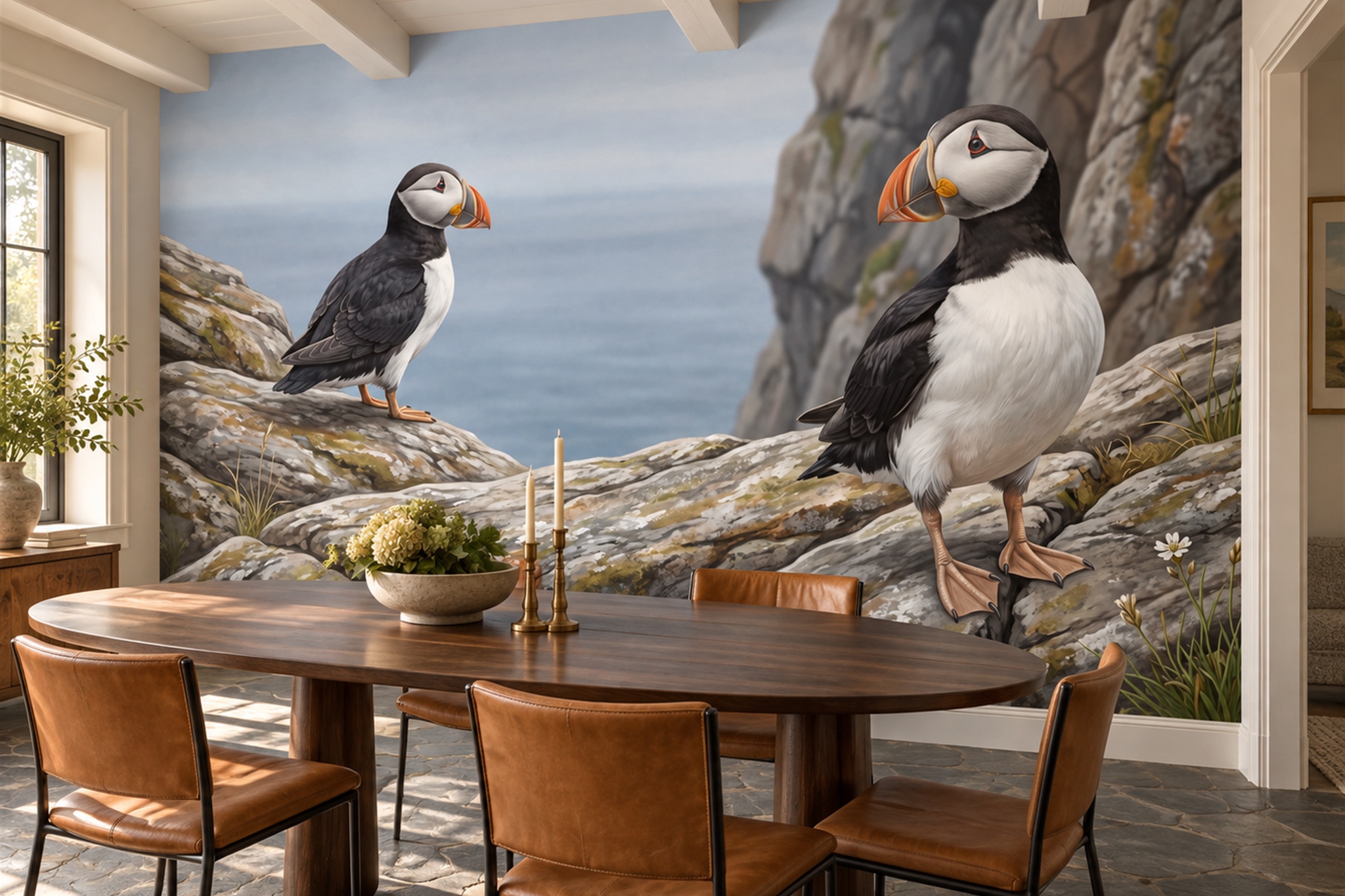 Grey Pattern Decorative Wallpaper Mural Layered Hand Painted Wallpaper Dining-room-wallpaper-murals, Shown In A Dining Room, Peel-and-stick Finish
