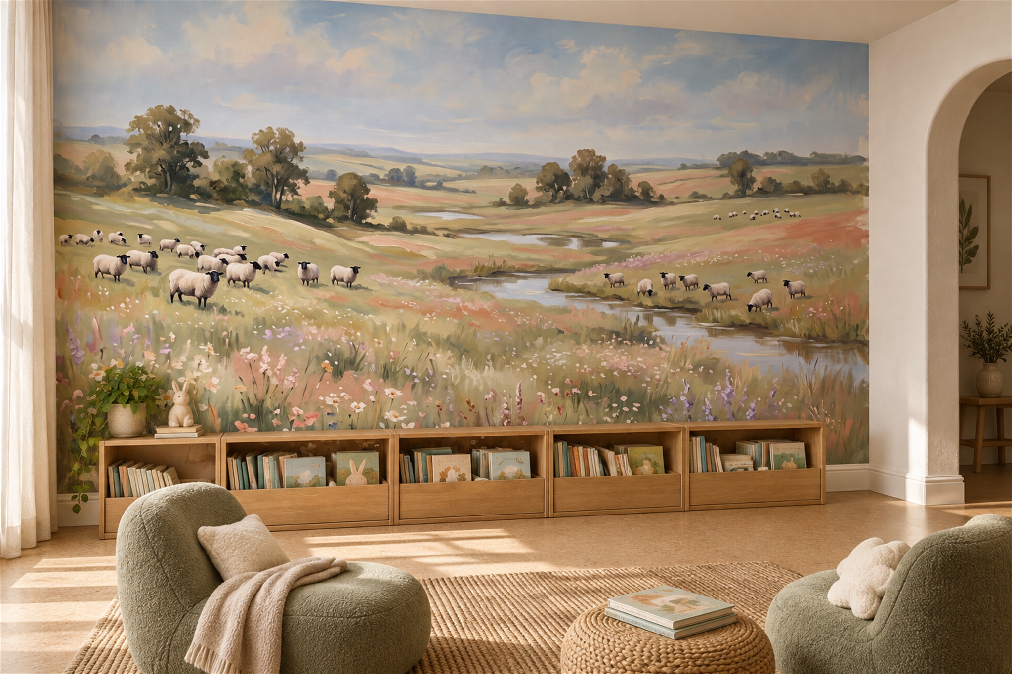 Green Pattern Decorative Wallpaper Mural Layered Contour Wallpaper Mural Library-wallpaper-murals, Peel-and-stick Finish