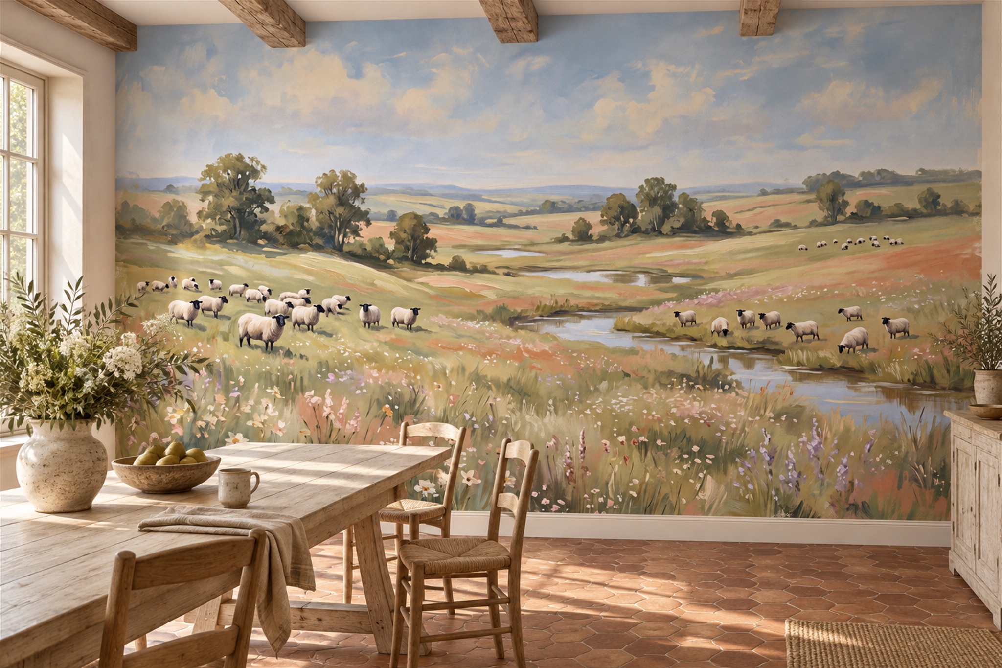 Sheep Grazing In A Rolling Pasture Wallpaper Mural — Wallpaper Mural Design, Peel-and-stick Finish