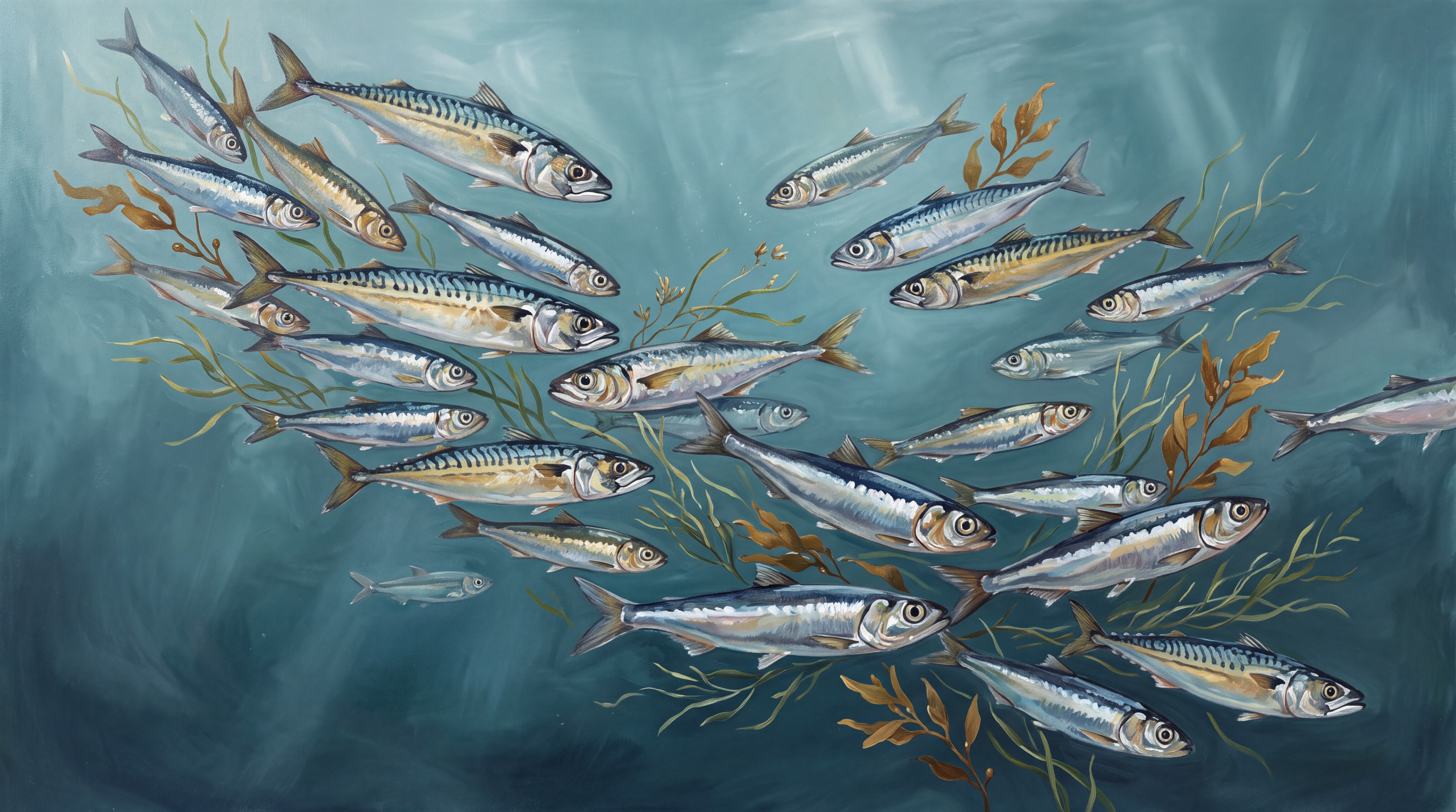 Teal Fish Illustrated Wallpaper Mural, Peel-and-stick Finish