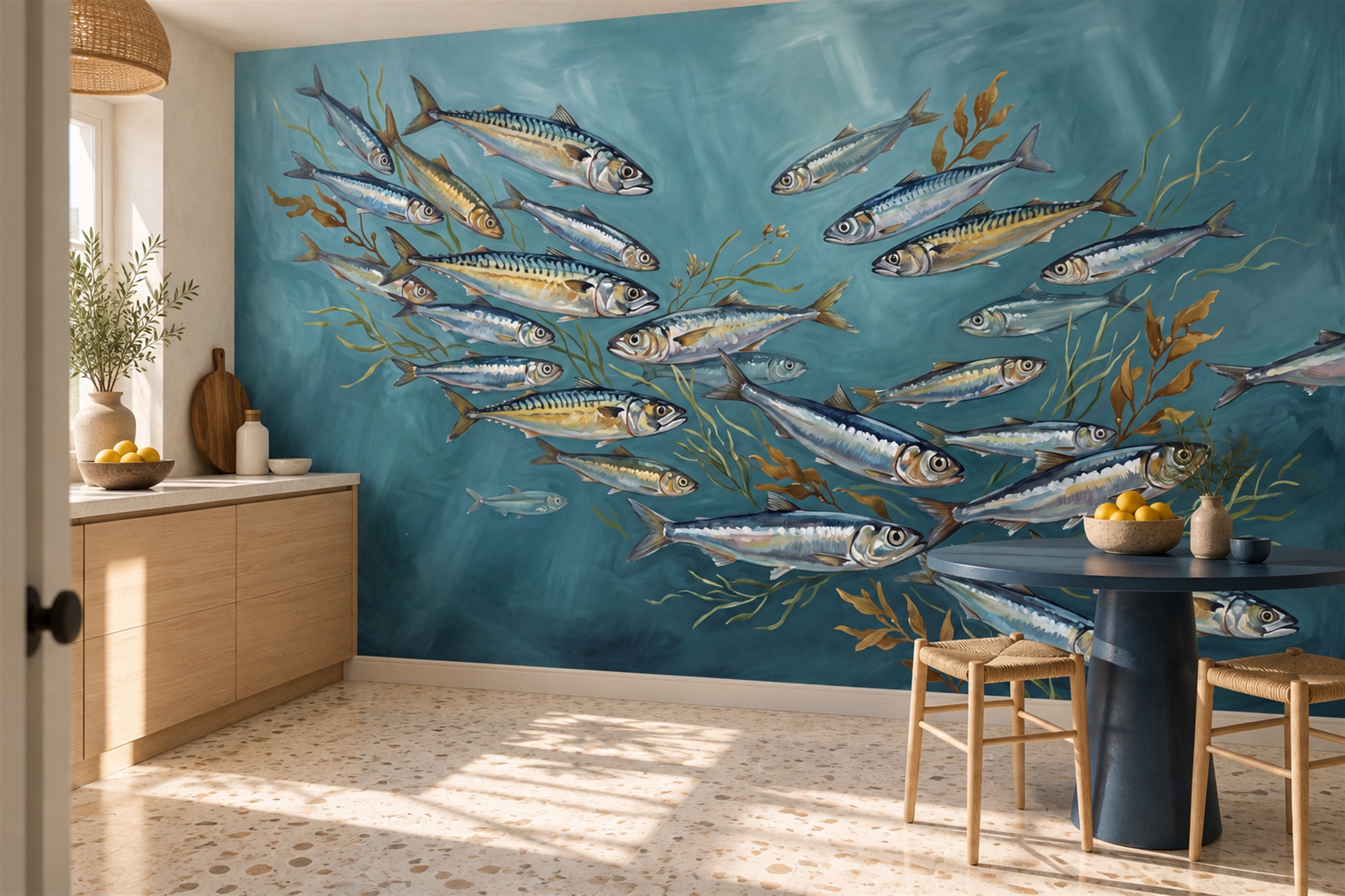 Teal Fish Illustrated Wallpaper Mural Dining-room-wallpaper-murals, Shown In A Dining Room, Peel-and-stick Finish